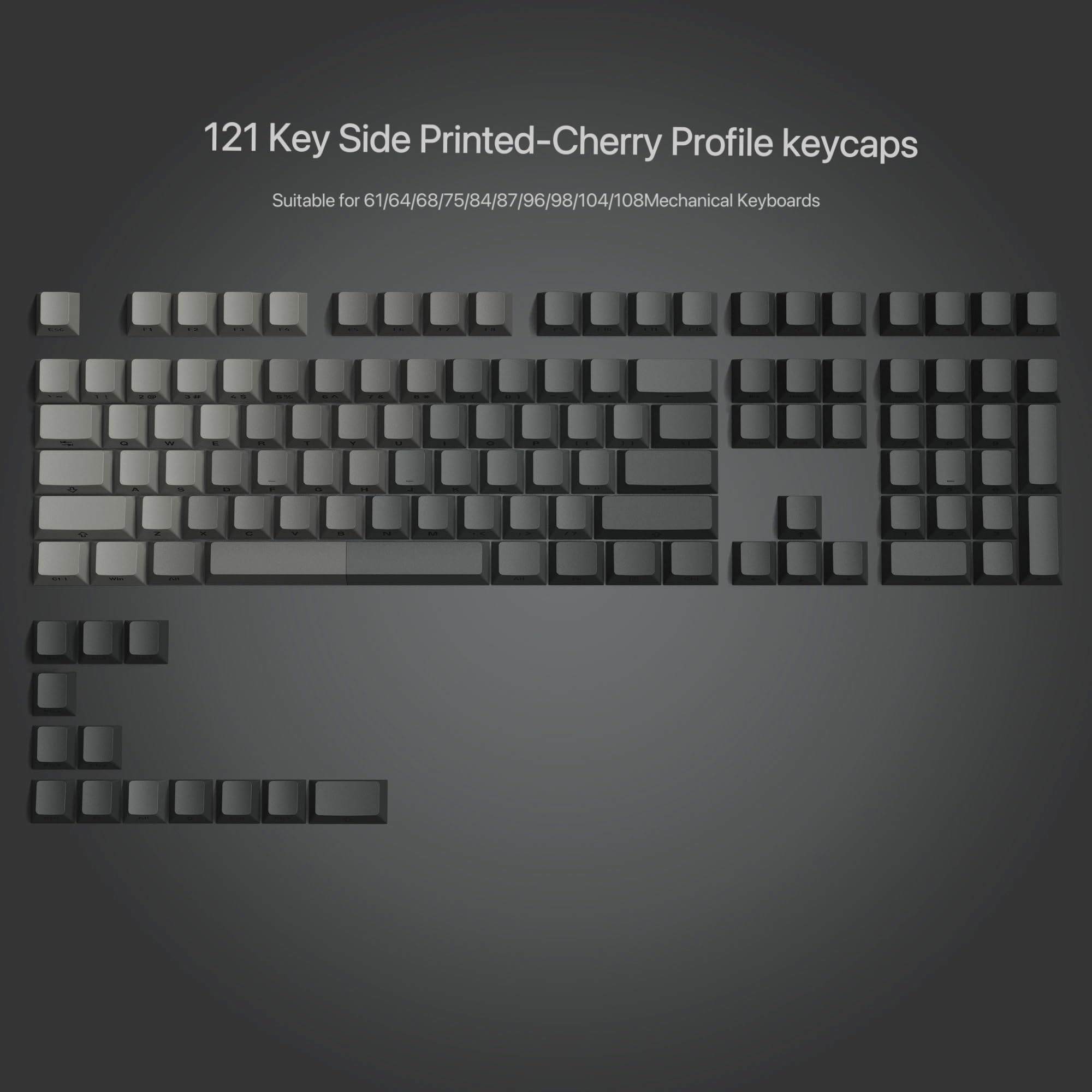 121 Key Side Printed-Cherry Profile keycaps  
Suitable for 61/64/68/75/84/87/96/98/104/108 Mechanical Keyboards