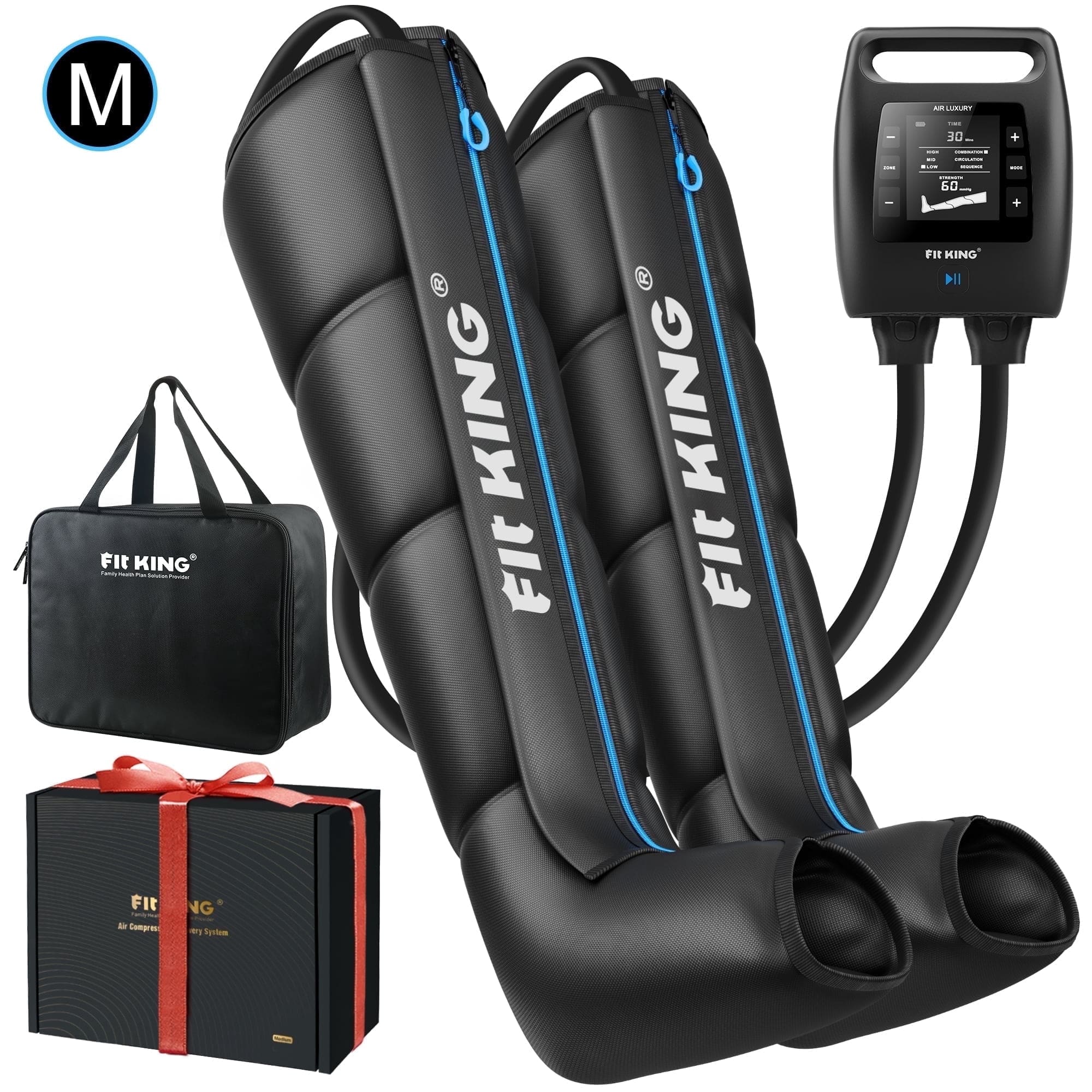 FIT KING - Rechargeable Air Compression Recovery Boots, Full Leg Massager for Circulation & Recovery (Medium) - Black and blue