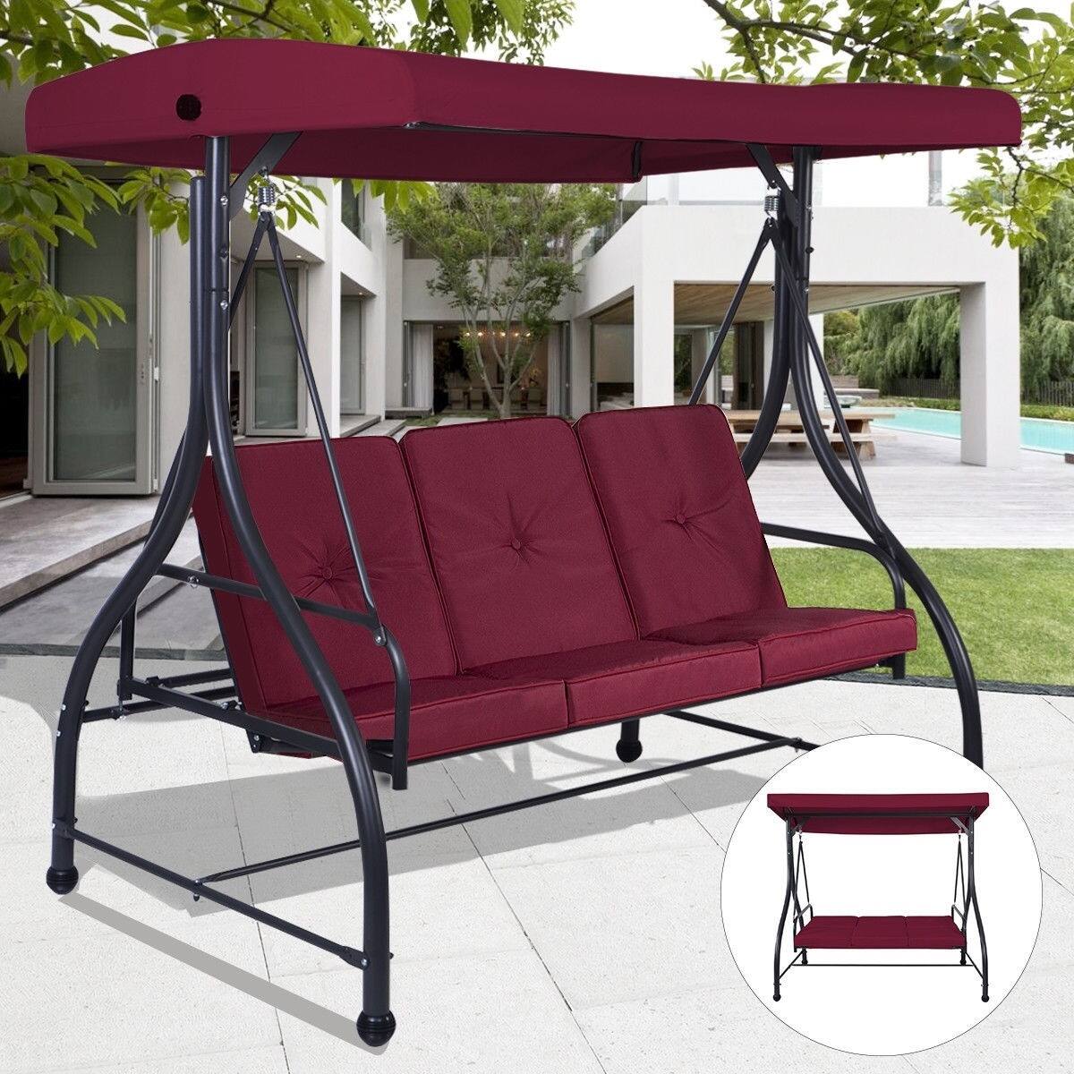 Angle. Hivvago - Dark Red Burgundy 3 Seat Cushioned Porch Patio Canopy Swing Chair - Dark Red Burgundy.