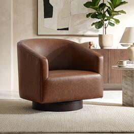 KERDOM - Swivel Single Sofa Side Chair, Living Room Accent Armchair, PU Leather Round Barrel Chair Club Chair, No Assembly Needed - Brown