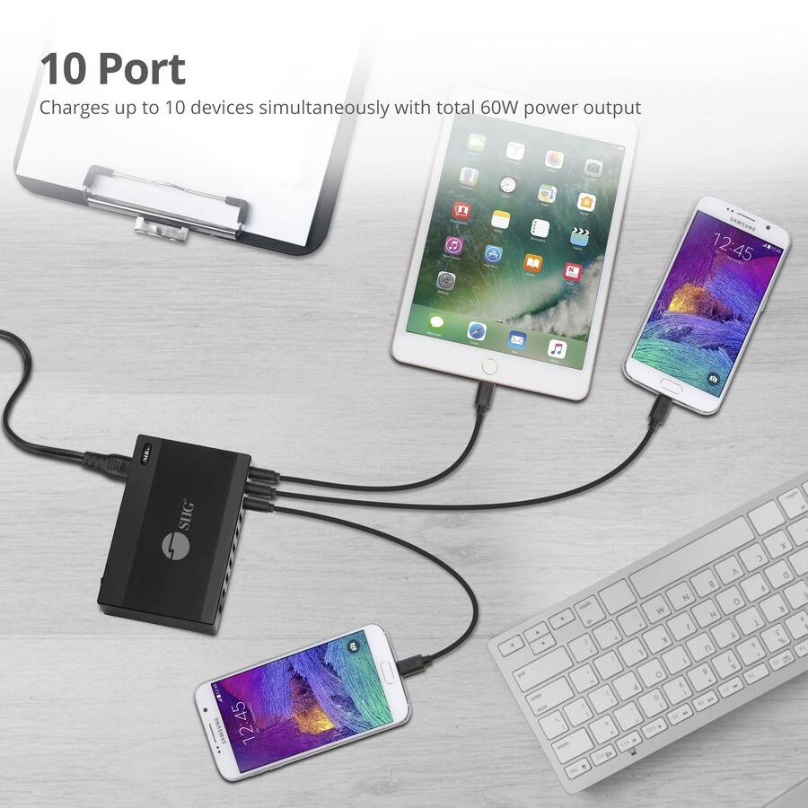 10 Port  
Charges up to 10 devices simultaneously with total 60W power output