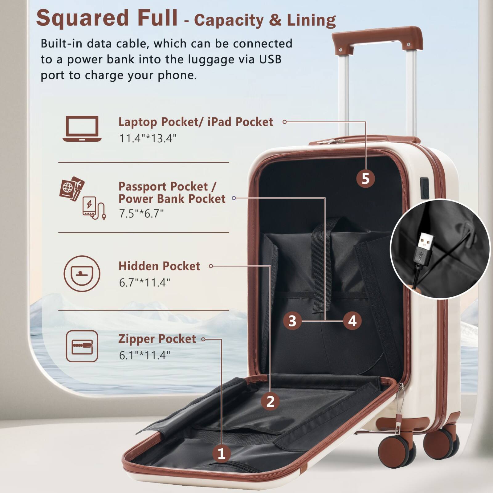 Squared Full - Capacity & Lining

Built-in data cable, which can be connected to a power bank into the luggage via USB port to charge your phone.

- Laptop Pocket/ iPad Pocket: 11.4" x 13.4"
- Passport Pocket/ Power Bank Pocket: 7.5" x 6.7"
- Hidden Pocket: 6.7" x 11.4"
- Zipper Pocket: 6.1" x 11.4"

1. Zipper Pocket
2. 
3. 
4. 
5. Built-in data cable