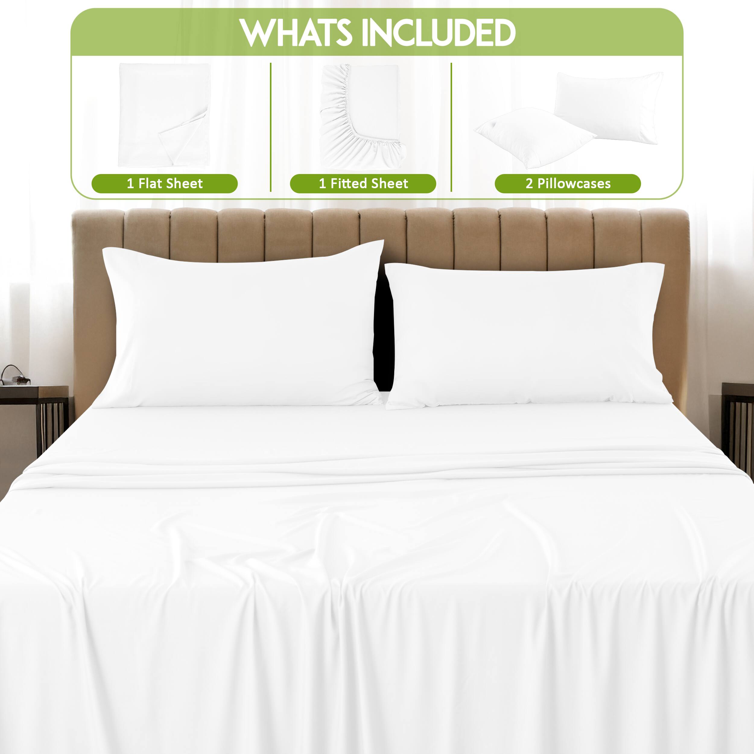 What's Included

1 Flat Sheet  
1 Fitted Sheet  
2 Pillowcases