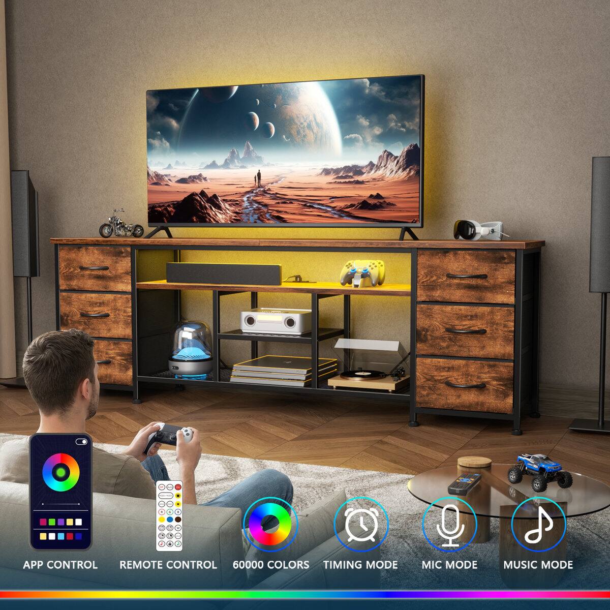 - APP CONTROL
- REMOTE CONTROL
- 60000 COLORS
- TIMING MODE
- MIC MODE
- MUSIC MODE
