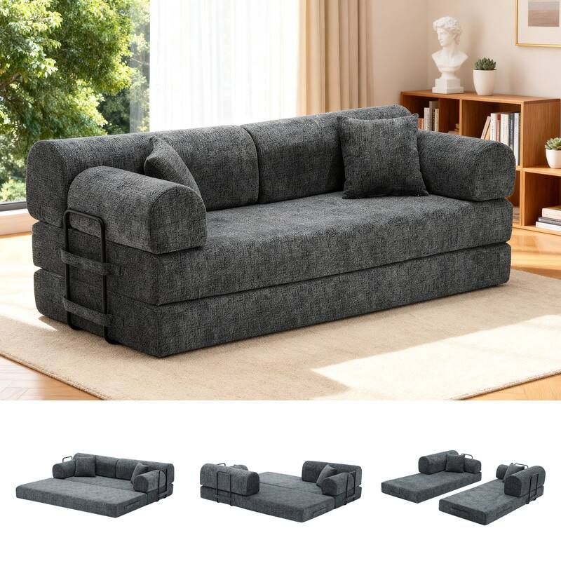 Front. ATOPSUN - Convertible Sleeper Sofa Bed,Two‑Tone Bouclé Folding Floor Couch wFixed‑Shape Frame for Living Room&Bedroom,Speck.Black - Speckled Black.