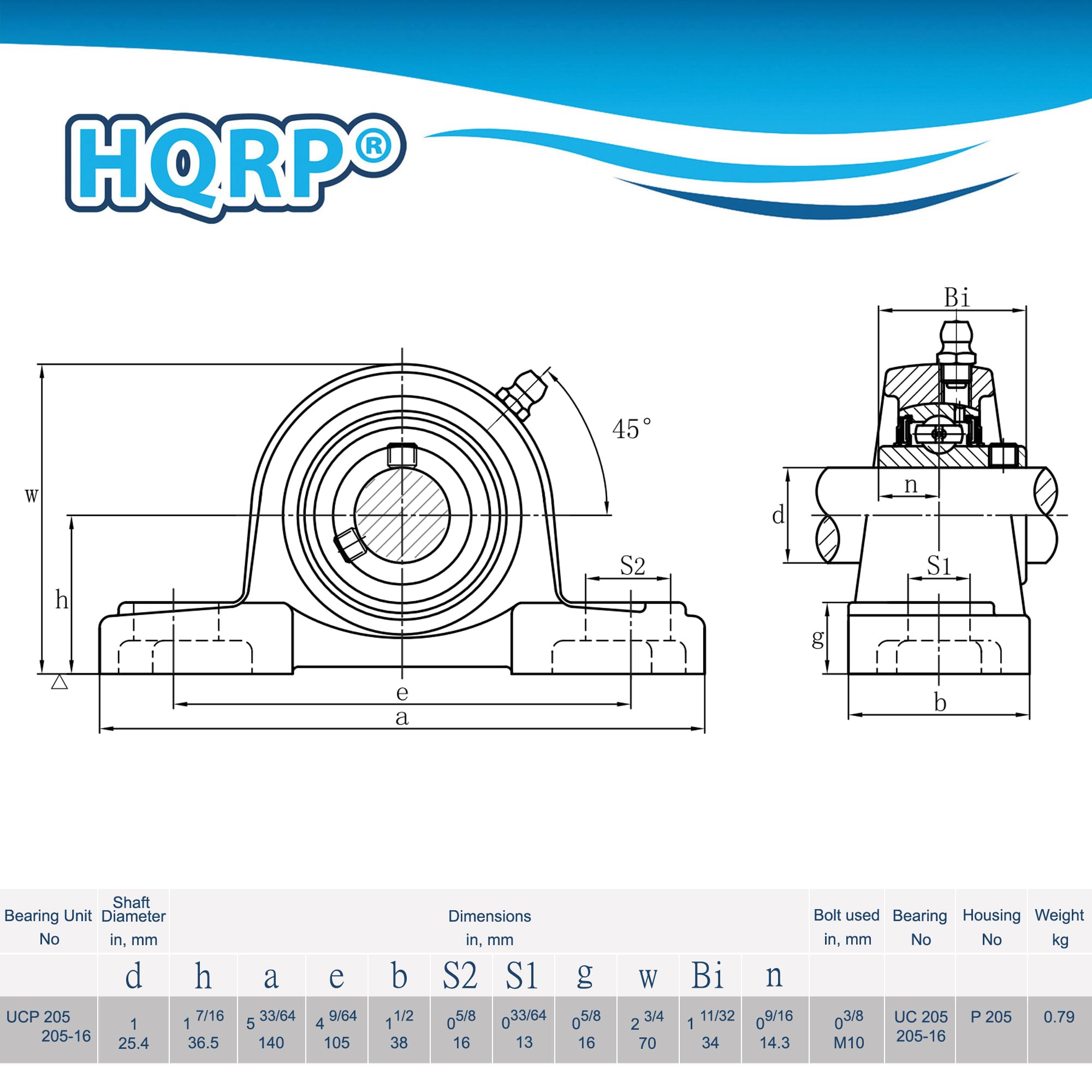 HQRP Bi 45 W d n h S2 S1 A e a 7 g b Shaft Bearing Unit Diameter No in, mm d h UCP 205 17/16 1 1 205-16 25.4 36.5 a 5 33/64 140 e 4 9/64 105 b 11/2 38 Dimensions in, mm S2 S1 05/8 033/64 16 13 g 05/8 16 W Bi n 23/4 111/32 09/16 70 34 14.3 Bolt used Bearing Housing Weight in, mm No No kg 03/8 UC205 P205 0.79 M10 205-16
