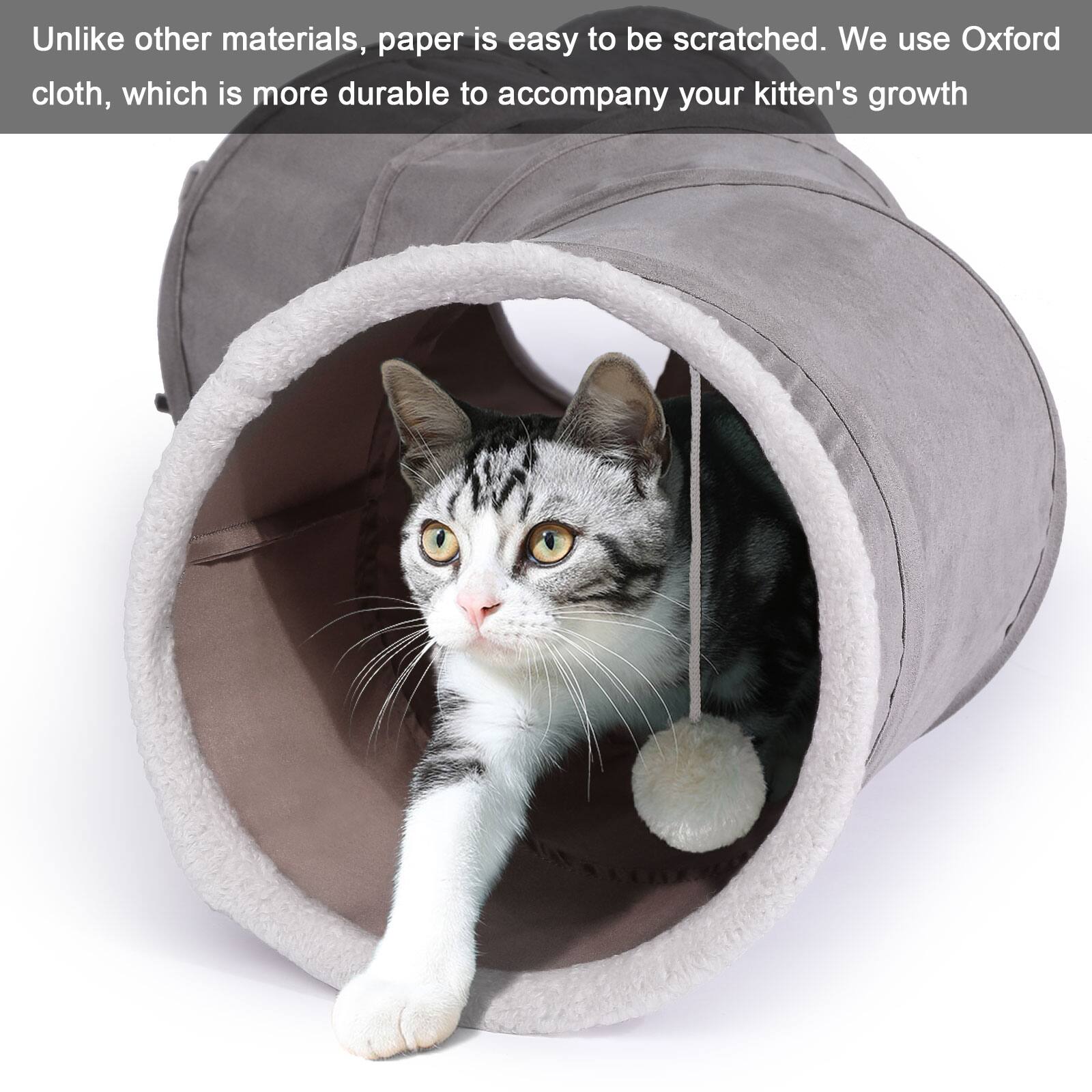 Unlike other materials, paper is easy to be scratched. We use Oxford cloth, which is more durable to accompany your kitten's growth.
