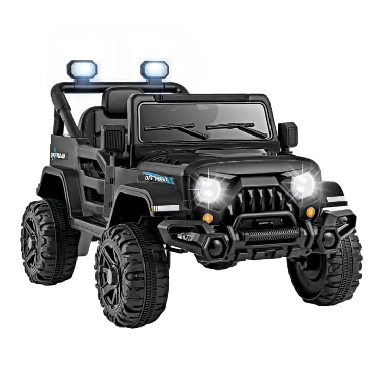 SlickBlue - 12V Battery Ride-On Truck for Kids with Remote and All-Terrain Threaded Wheels - Black