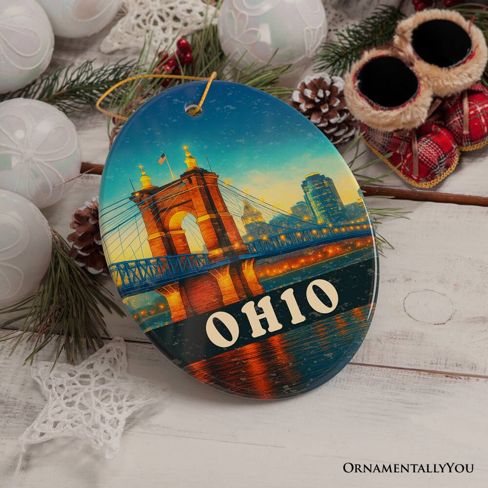 Back. OrnamentallyYou - Charming Ohio Cityscape and Landmark Ornament, Cincinnati Night Bridge Christmas Gift Ornament - Multi-colored.