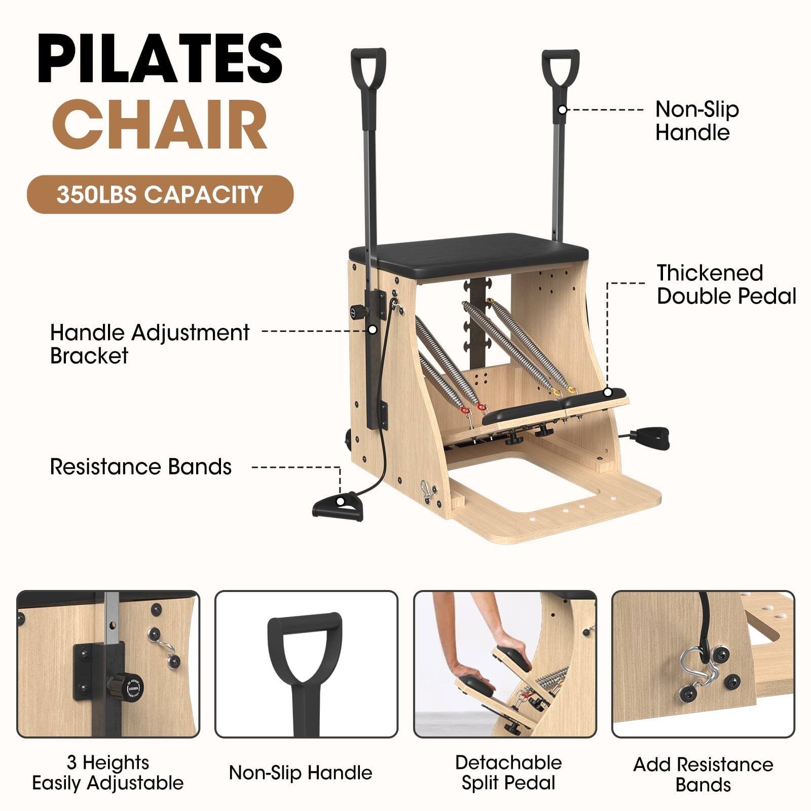 PILATES CHAIR 350LBS CAPACITY
Non-Slip Handle
Handle Adjustment Bracket
Thickened Double Pedal
Resistance Bands
3 Heights
Non-Slip Handle
Easily Adjustable
Detachable Split Pedal
Add Resistance Bands