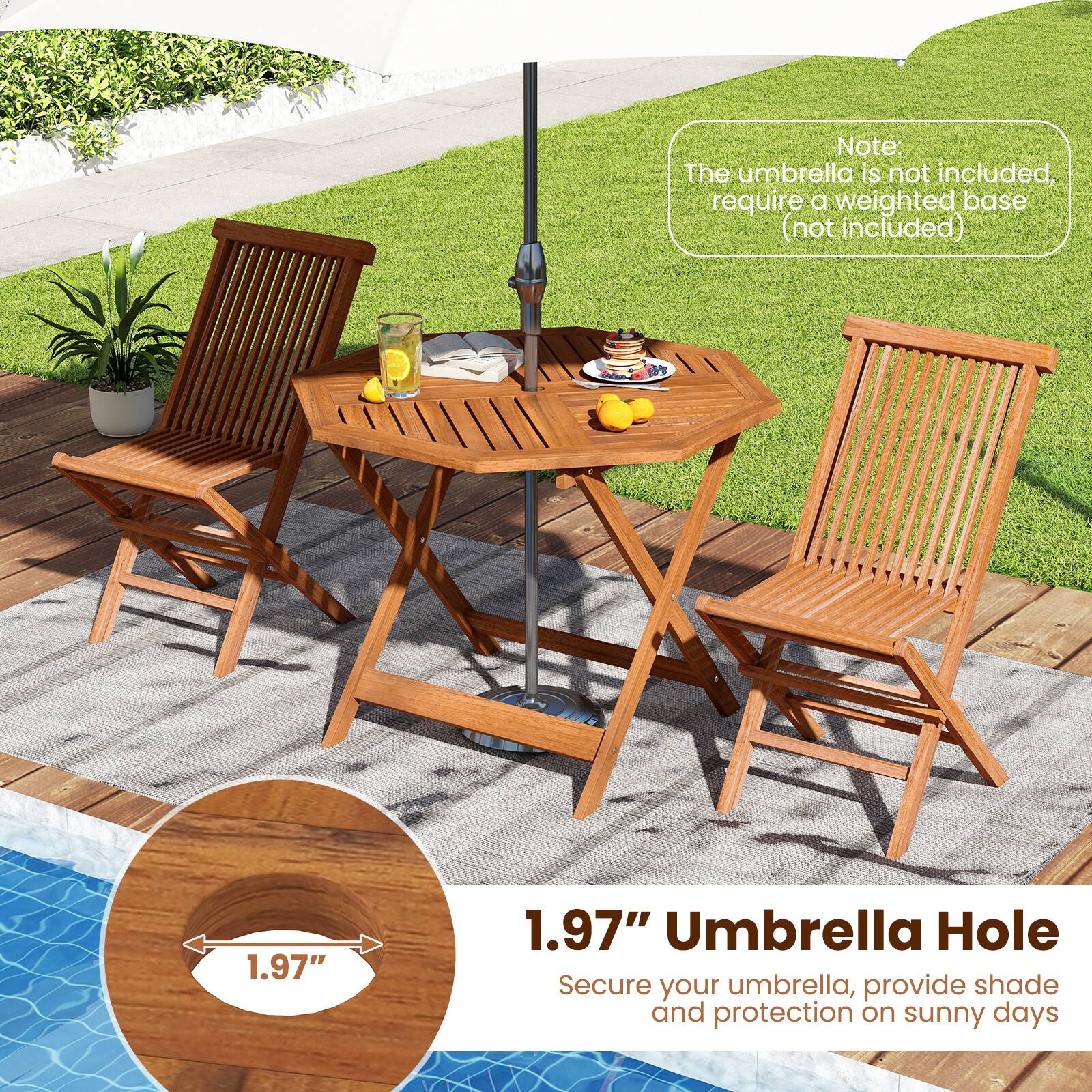 Note: The umbrella is not included, require a weighted base (not included)

1.97" Umbrella Hole
Secure your umbrella, provide shade and protection on sunny days