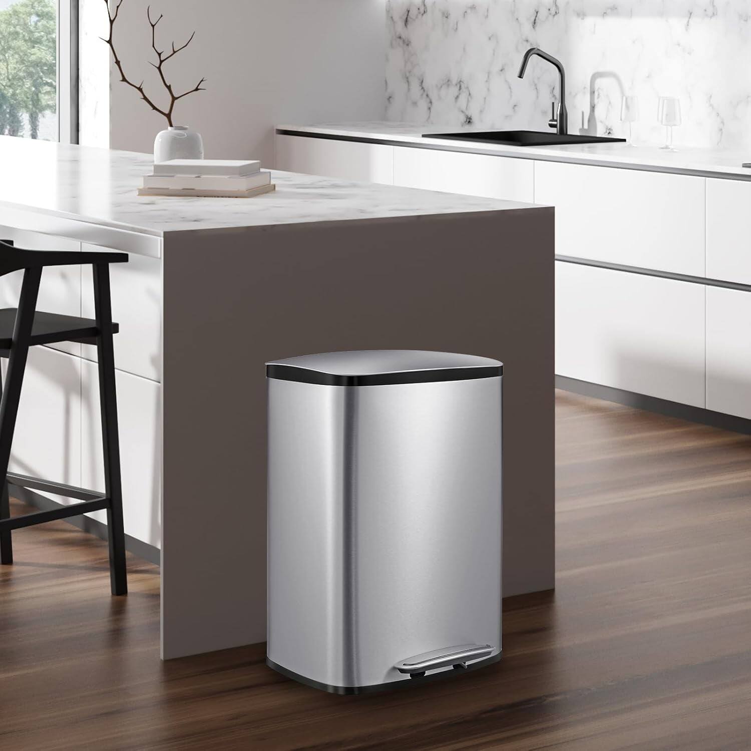 Alt View 3. Homhougo - 50L Heavy Duty Hands-Free Stainless Steel Kitchen Trash Can, Rectangular Waste Bin with Soft Close Lid - Stainless Steel Color.