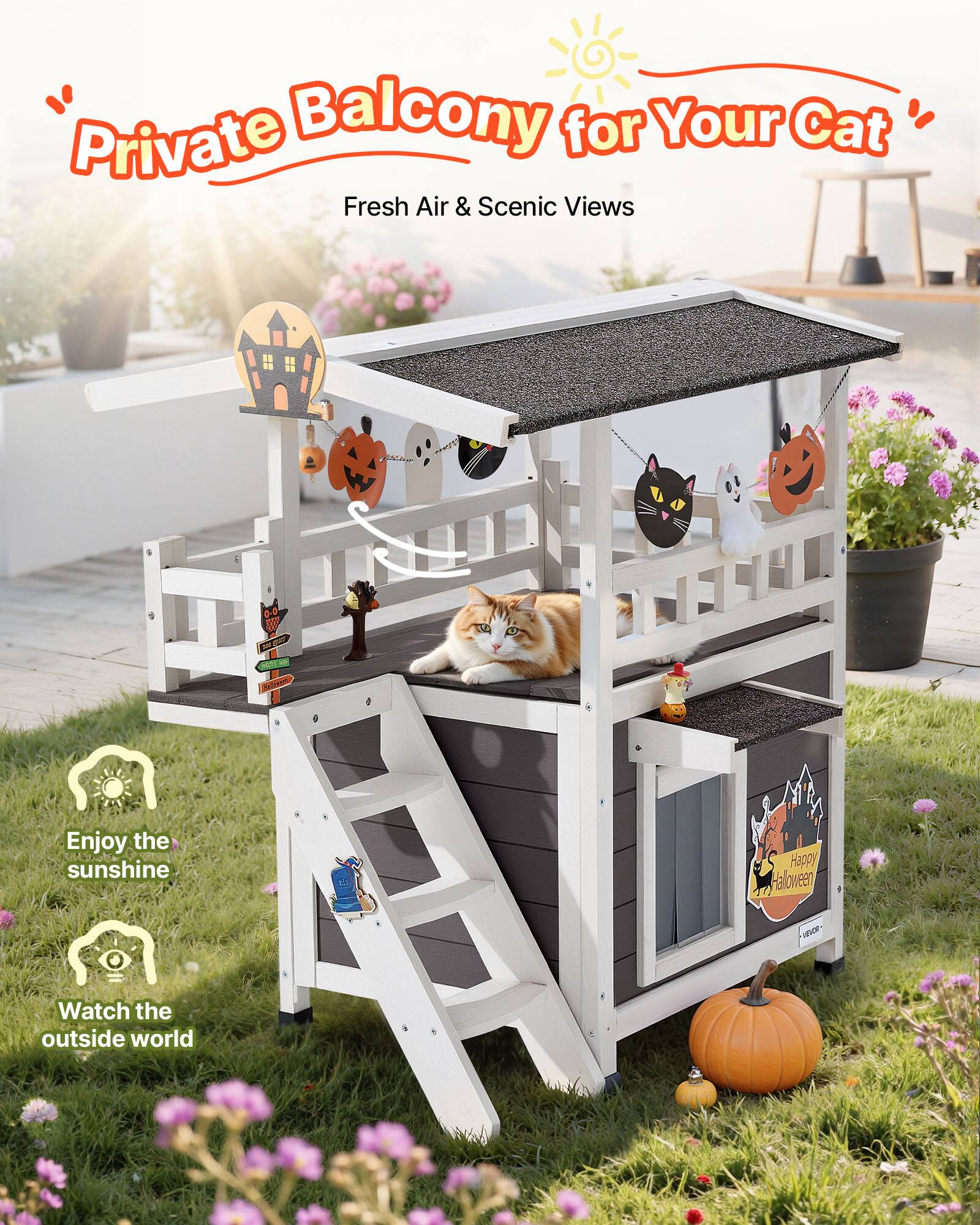 Private Balcony for Your Cat  
Fresh Air & Scenic Views  

Enjoy the sunshine  
Watch the outside world  

Happy Halloween