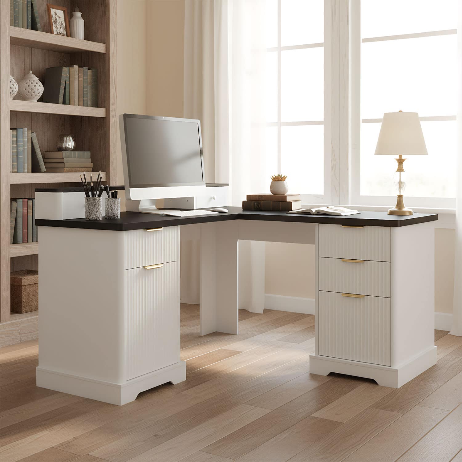 Z-Edge - Executive L Shaped Desk, Home Office Desk with File Drawer, Charging Station, Computer Desk with Drawers,Storage Cabinet - White
