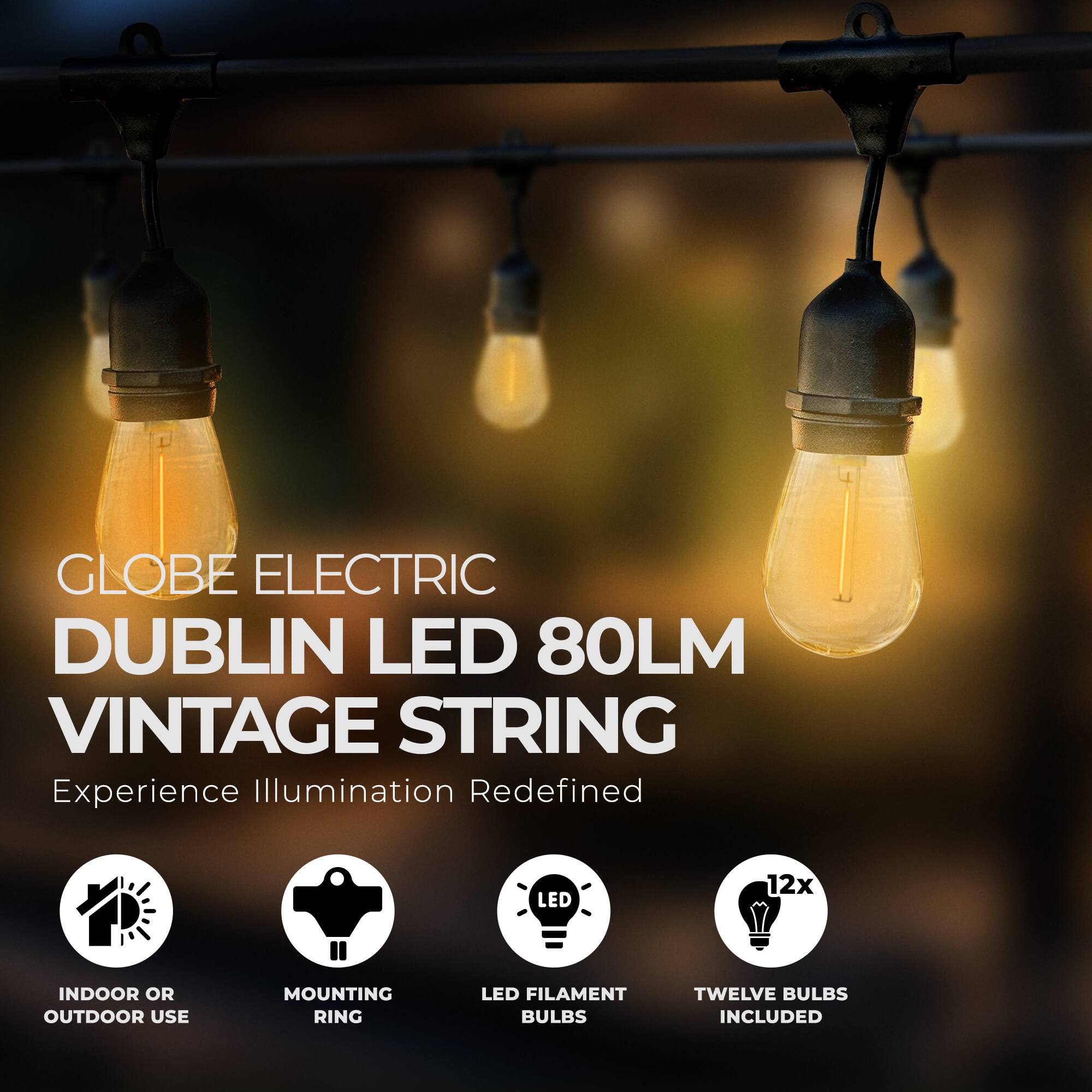 GLOBE ELECTRIC  
DUBLIN LED 80LM VINTAGE STRING  
Experience Illumination Redefined  

- INDOOR OR OUTDOOR USE  
- MOUNTING RING  
- LED FILAMENT BULBS  
- TWELVE BULBS INCLUDED