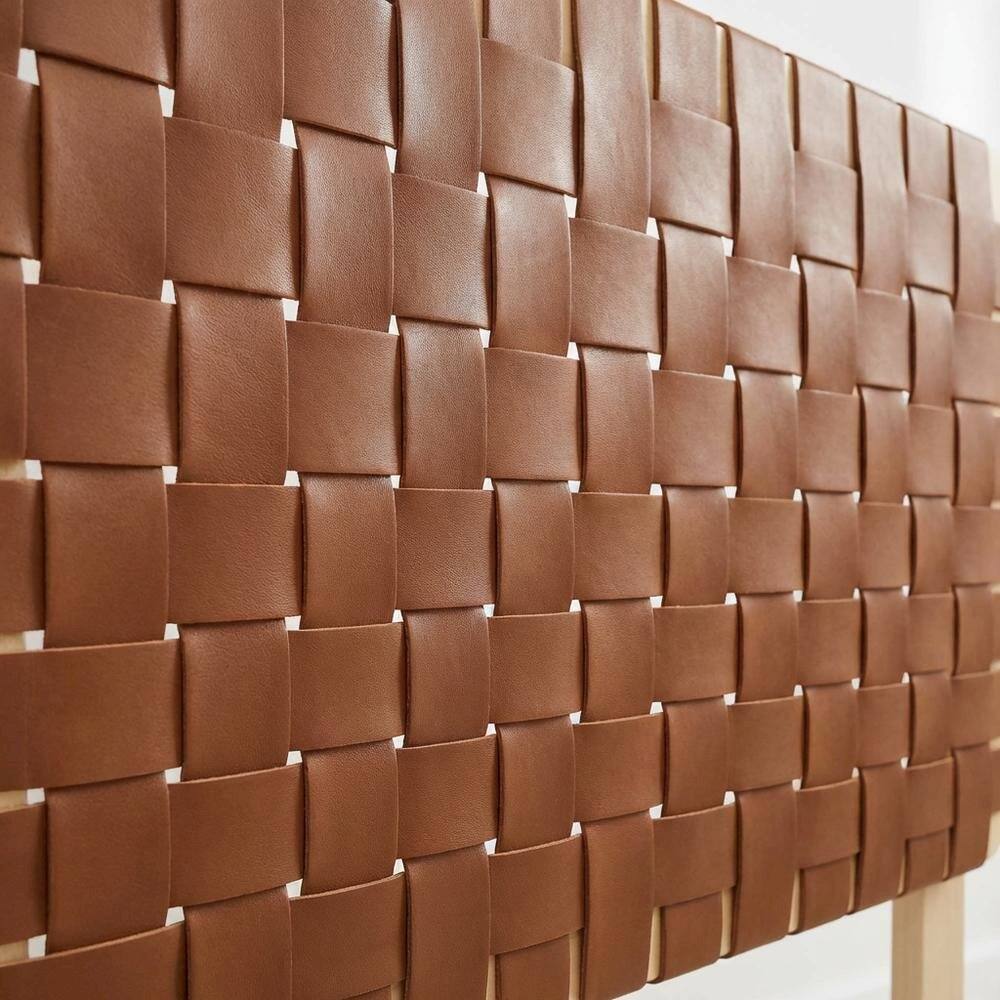 Back. FurniFact - Vegan Leather Twin Headboard with Woven Texture and Sturdy Frame - Brown.