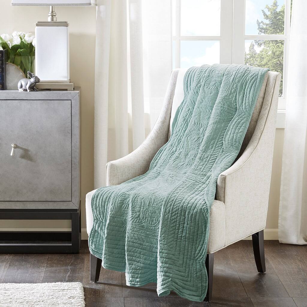 Alt View 1. Gracie Mills - Gracie Mills Salvatore Oversized Stitched Scalloped Edges Throw Blanket - Seafoam.