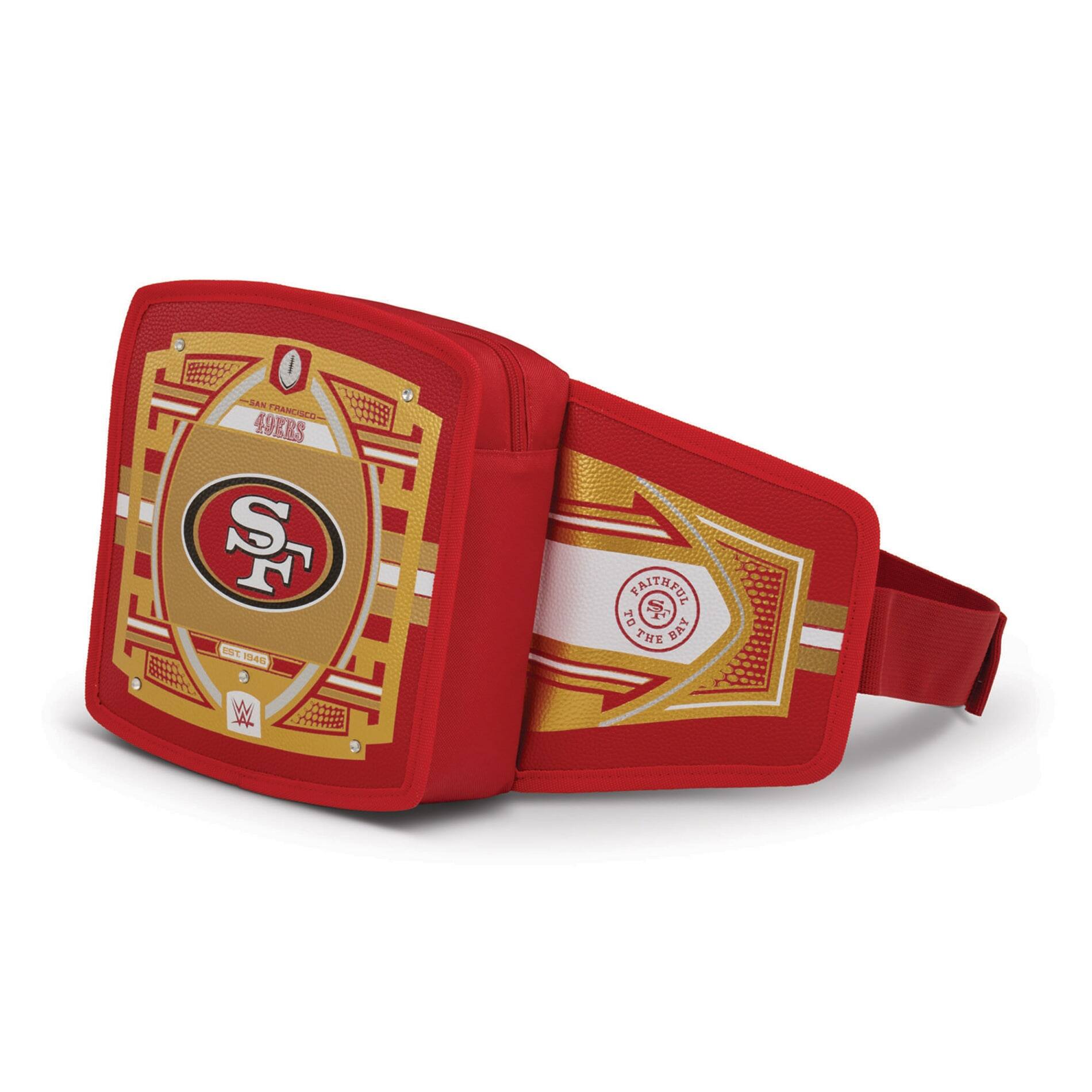 Sure, here is the corrected and grouped text from the image:

**Front Pocket:**
- SAN FRANCISCO 49ERS
- EST. 1946
- FAITHFUL TO THE BAY

**Logo:**
- SF 49ERS

**Bottom:**
- EST. 1946

**Wrestling Logo:**
- WWE