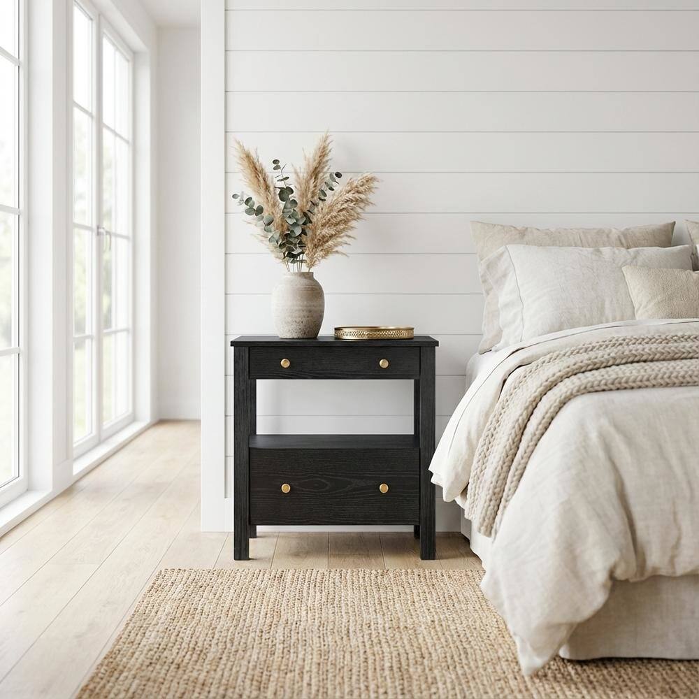 Angle. FurniFact - Black Nightstand, 2 Drawers, Modern Design, Sturdy Poplar, Veneer Construction - Black.