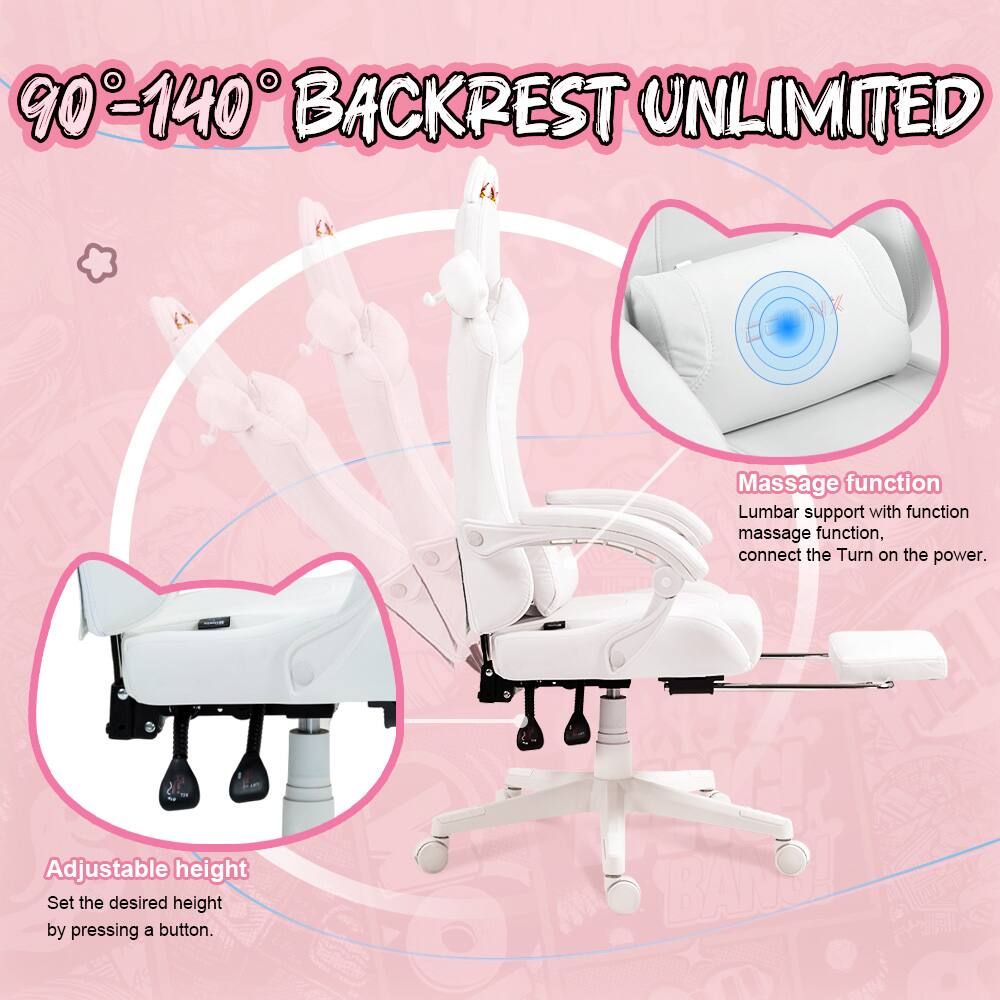 90-140° BACKREST UNLIMITED

Massage function  
Lumbar support with massage function, connect the power. Turn on the power.

Adjustable height  
Set the desired height by pressing a button.