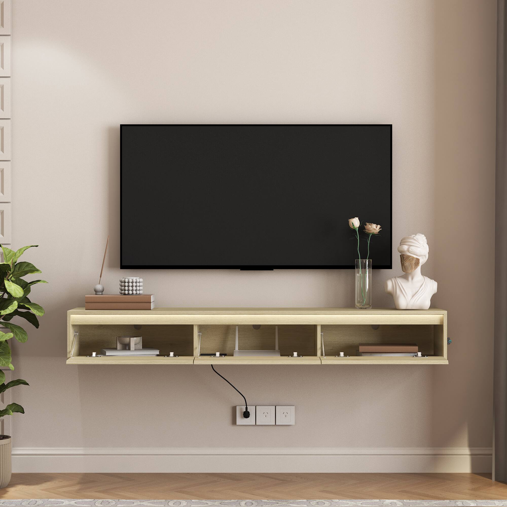 Left. Z-Edge - Floating TV Stand, Wall Mounted TV Shelf with Led Lights & Power Outlet, Floating Entertainment Center for Living Room - Natural.