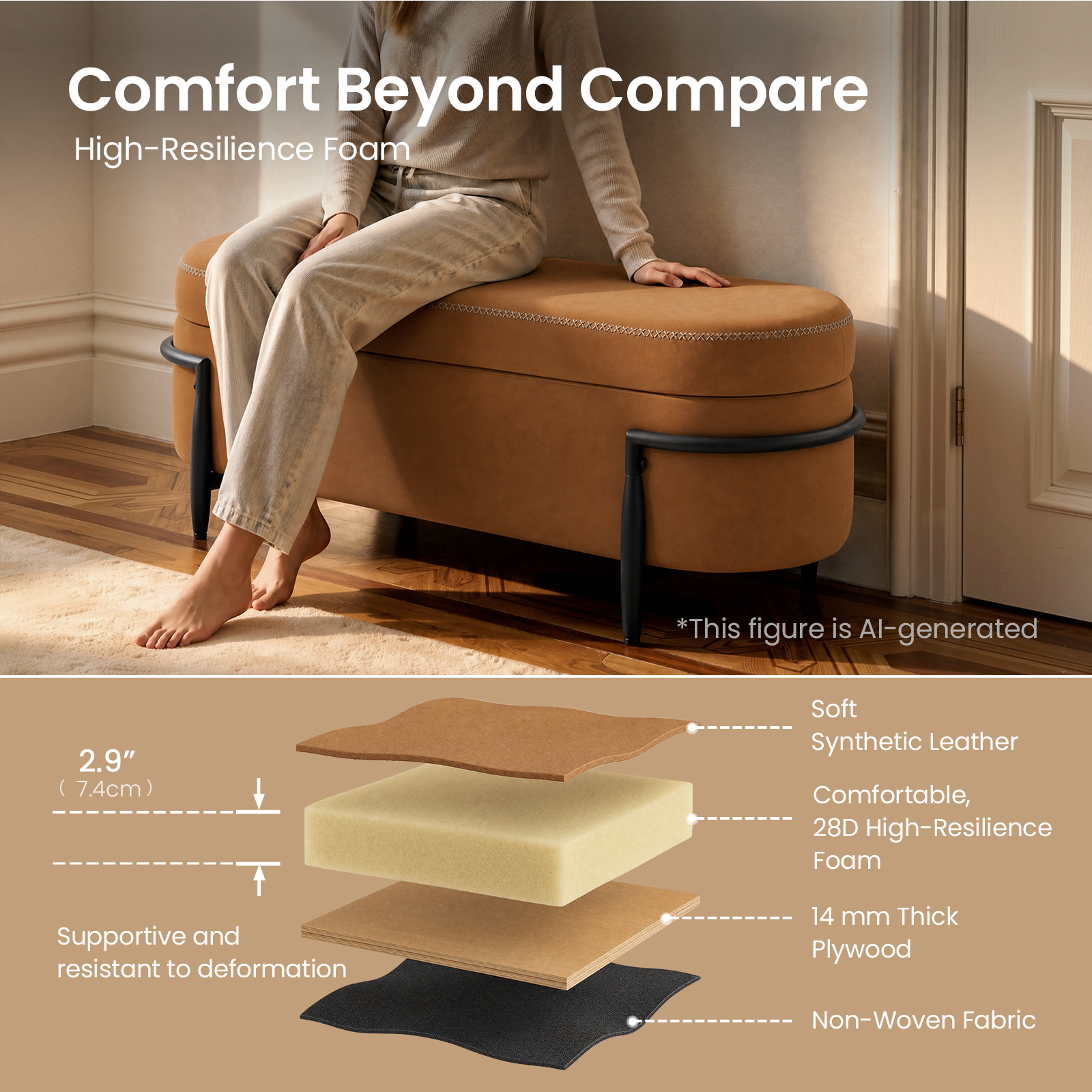 Comfort Beyond Compare  
High-Resilience Foam

*This figure is AI-generated

2.9" (7.4cm)  
Soft Synthetic Leather  
Comfortable, 28D High-Resilience Foam  
Supportive and resistant to deformation  
14 mm Thick Plywood  
Non-Woven Fabric