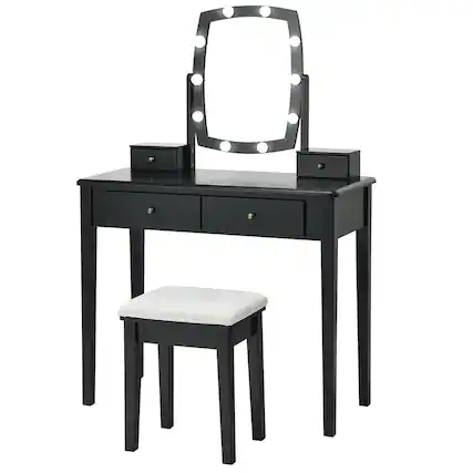 Front. Costway - Costway Vanity Table Set with Lighted Mirror Adjustable 10 Bulbs Dresser 4 Drawer - Black.