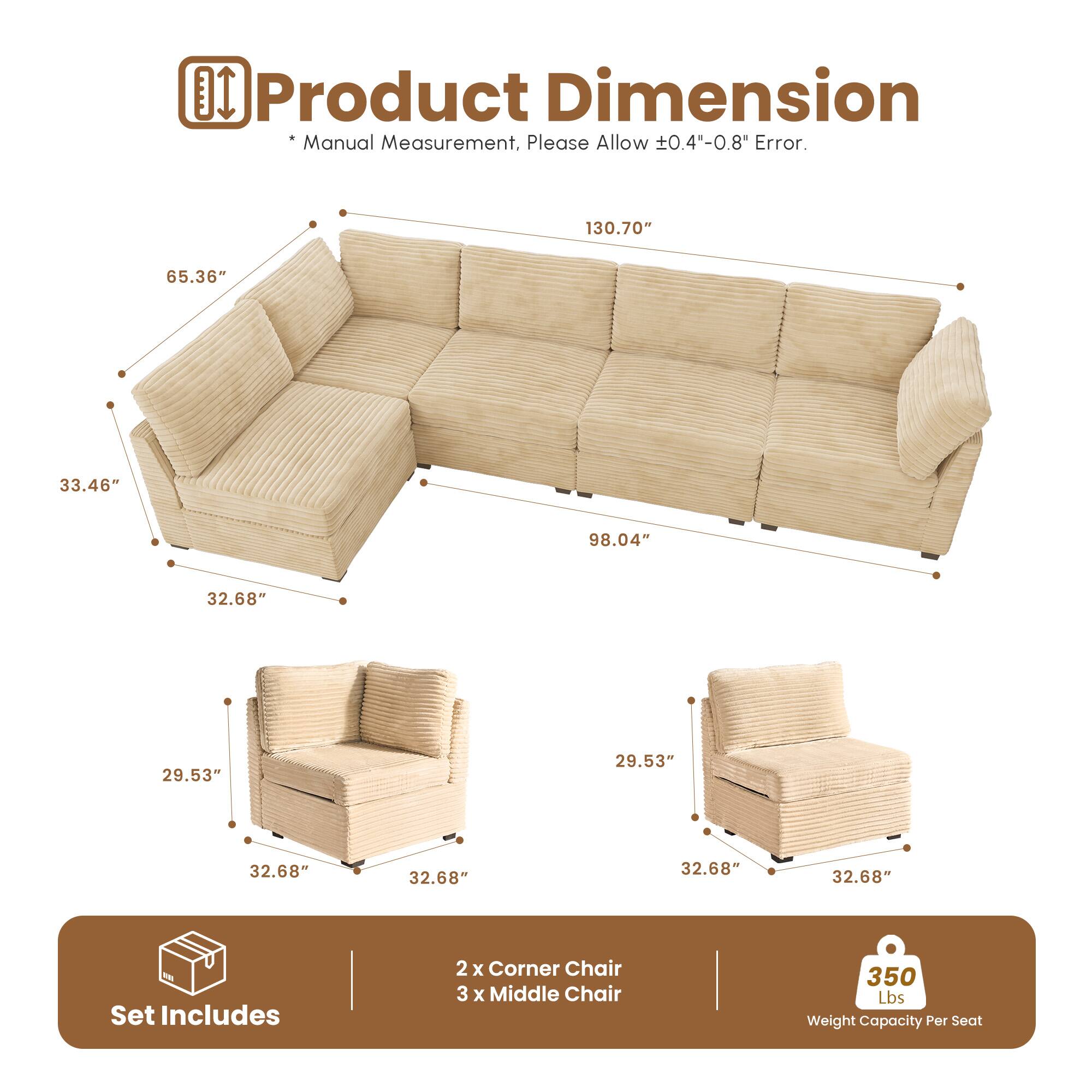 Ovios - 130.7" Modular Sectional Sofa Couch, 5-Seater Plush Corduroy L-Shaped Sofa for Living Room - Beige