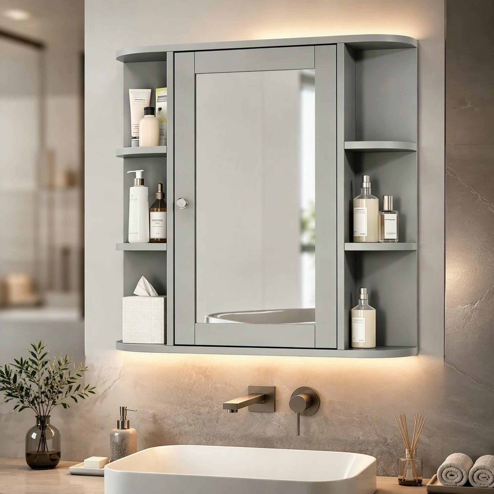 Front. RYHNUYNE - Gray Bathroom Wall Storage Cabinet with Mirror, Adjustable Wood Shelf and 6 Open Shelves - Gray.