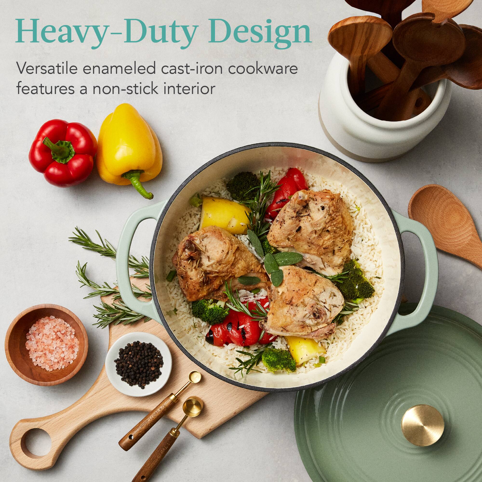 Heavy-Duty Design

Versatile enameled cast-iron cookware features a non-stick interior