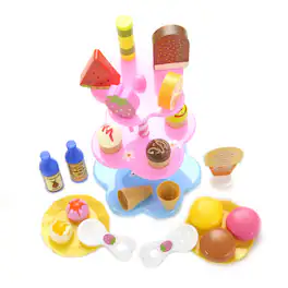 JuzToys - Kids Pretend Play Ice Cream Toy Set – Sweet Treats Dessert Tower, Play Food Toys Including Popsicles, Macaroons, Plates - Multi