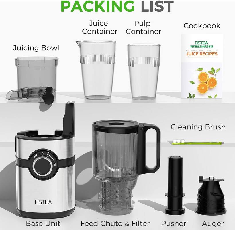 Packing List

- Juicing Bowl
- Juice Container
- Pulp Container
- Cookbook
- Base Unit
- Feed Chute & Filter
- Pusher
- Auger
- Cleaning Brush