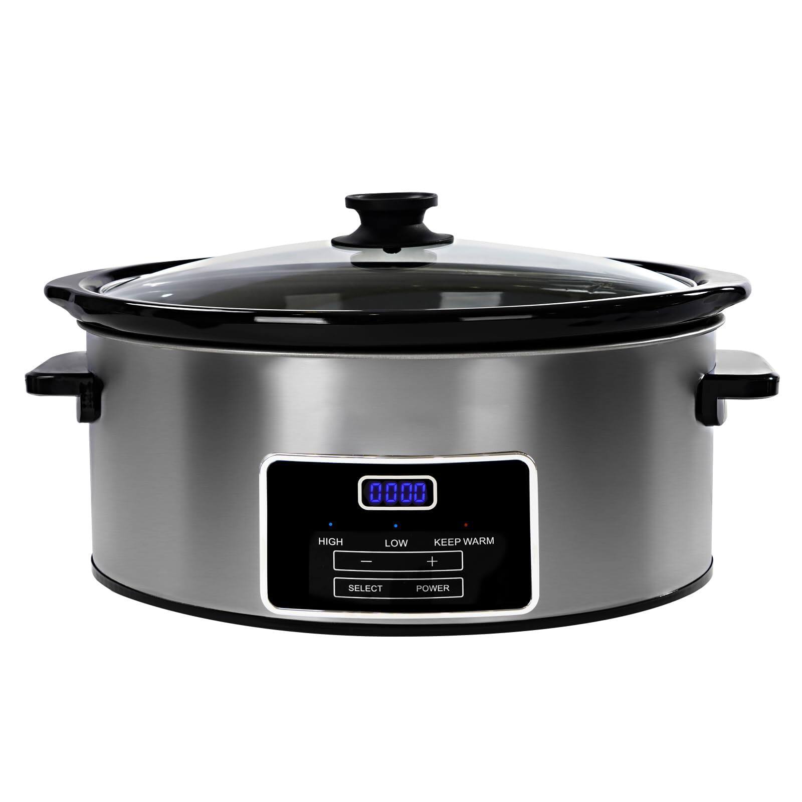 GlowWise - 8-Quart Digital Slow Cooker w/Timer - 3 Heat Settings (Warm/Low/High) - Family Meals for 10+ People - Silver