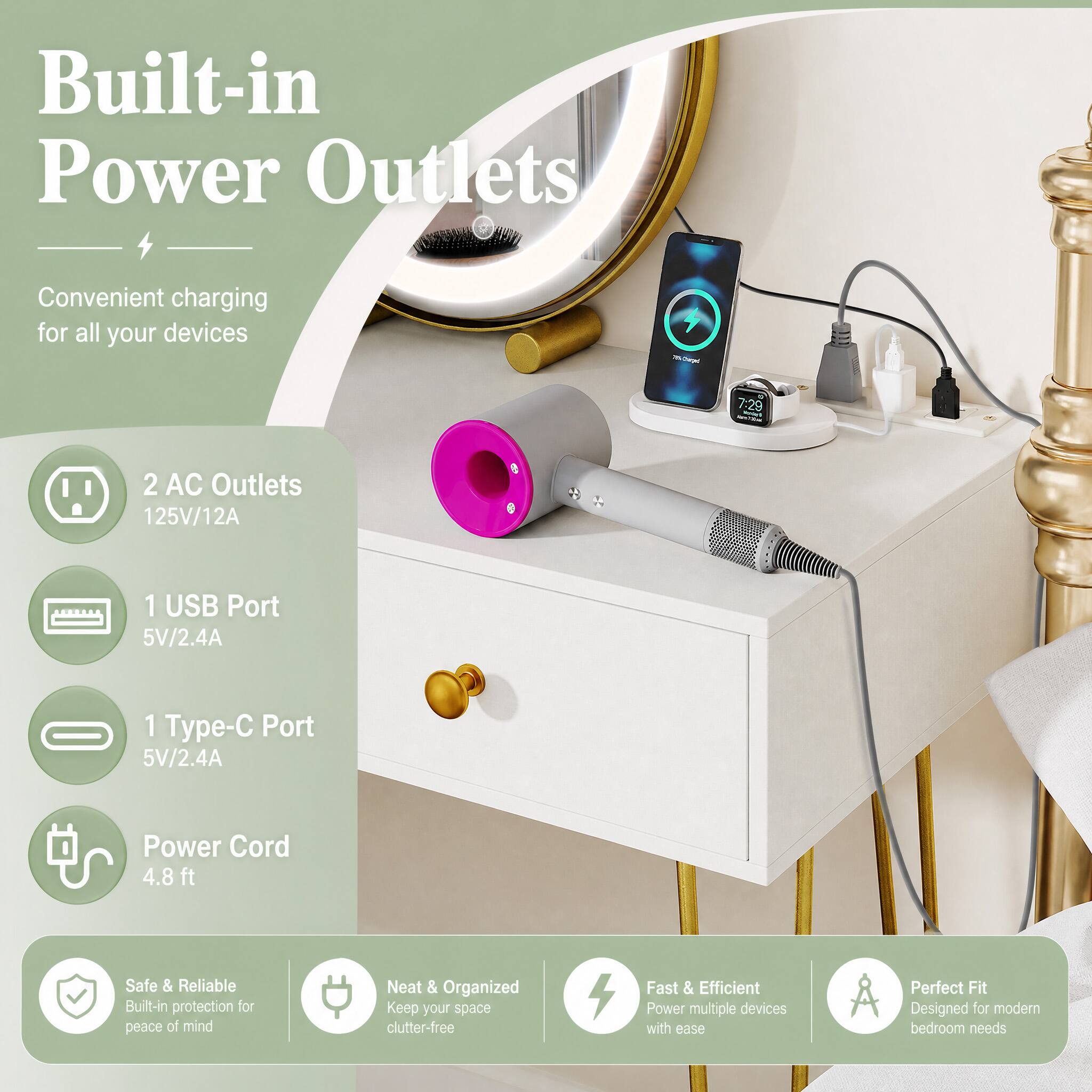 Built-in Power Outlets  
Convenient charging for all your devices  

2 AC Outlets 125V/12A  
1 USB Port 5V/2.4A  
1 Type-C Port 5V/2.4A  
Power Cord 4.8 ft  

Safe & Reliable Built-in protection for peace of mind  
Neat & Organized Keep your space clutter-free  
Fast & Efficient Power multiple devices with ease  
Perfect Fit Designed for modern bedroom needs