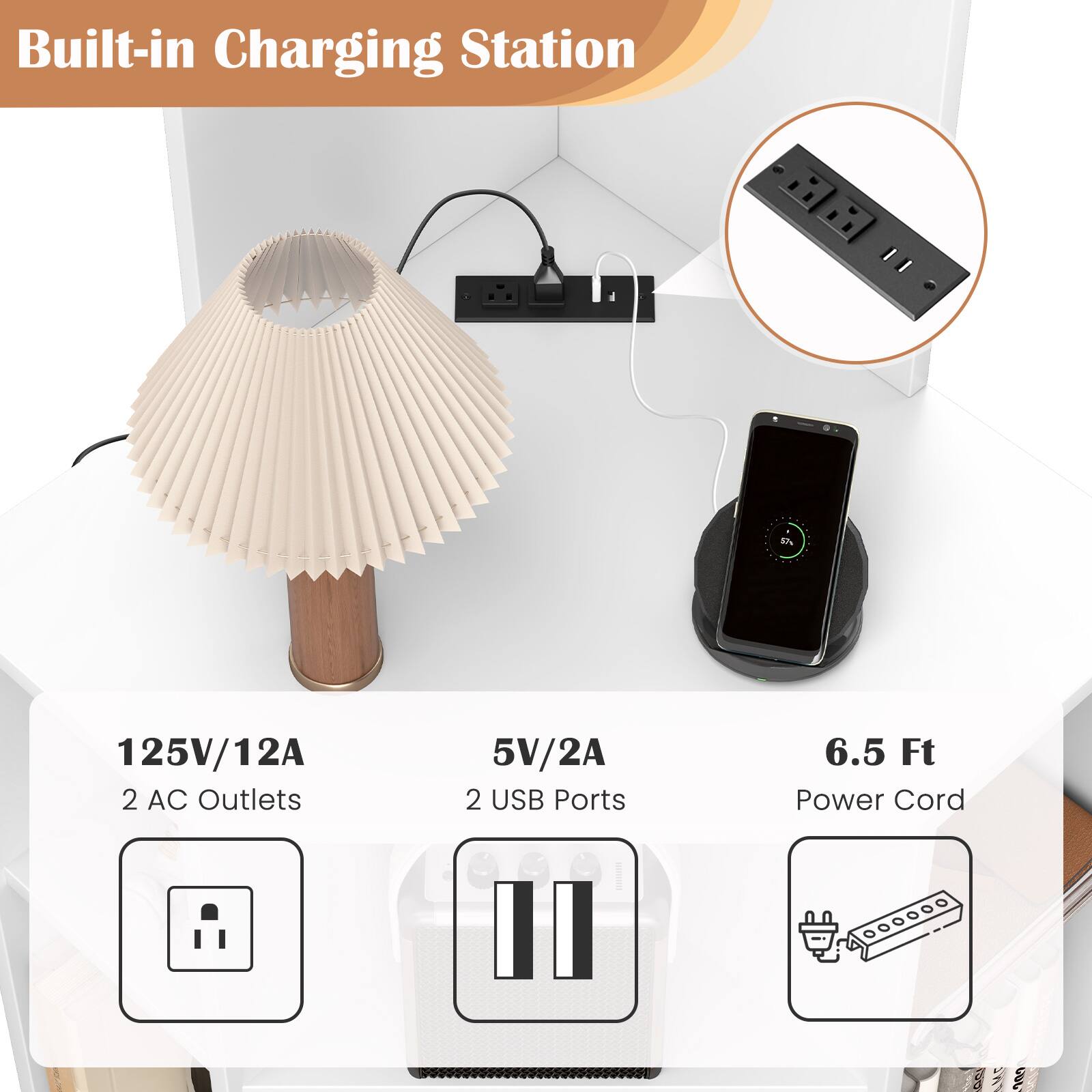 Built-in Charging Station 125V/12A 2 AC Outlets 5V/2A 2 USB Ports 6.5 Ft Power Cord
