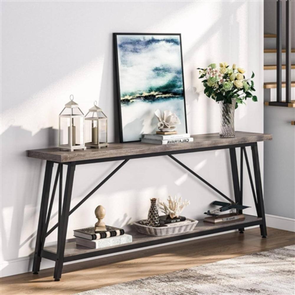 Back. Hivvago - Heavy Duty 70-inch Industrial Grey Wood Top Sofa Table with Black Metal Frame - Light Gray & Black.