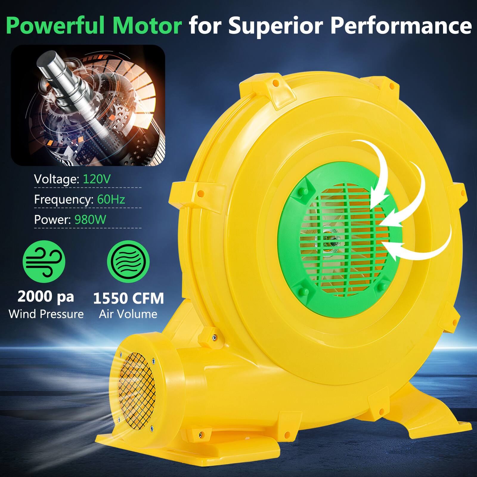 Powerful Motor for Superior Performance

Voltage: 120V  
Frequency: 60Hz  
Power: 980W  

2000 pa  
1550 CFM  

Wind Pressure  
Air Volume