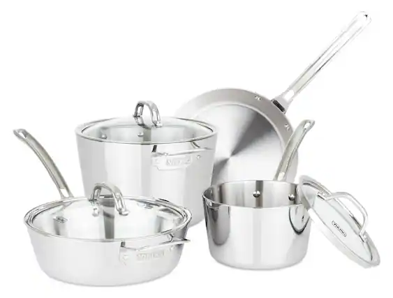 Angle. Viking - Contemporary 3 Ply 7-Piece Cookware Set- Mirror - Stainless Steel.