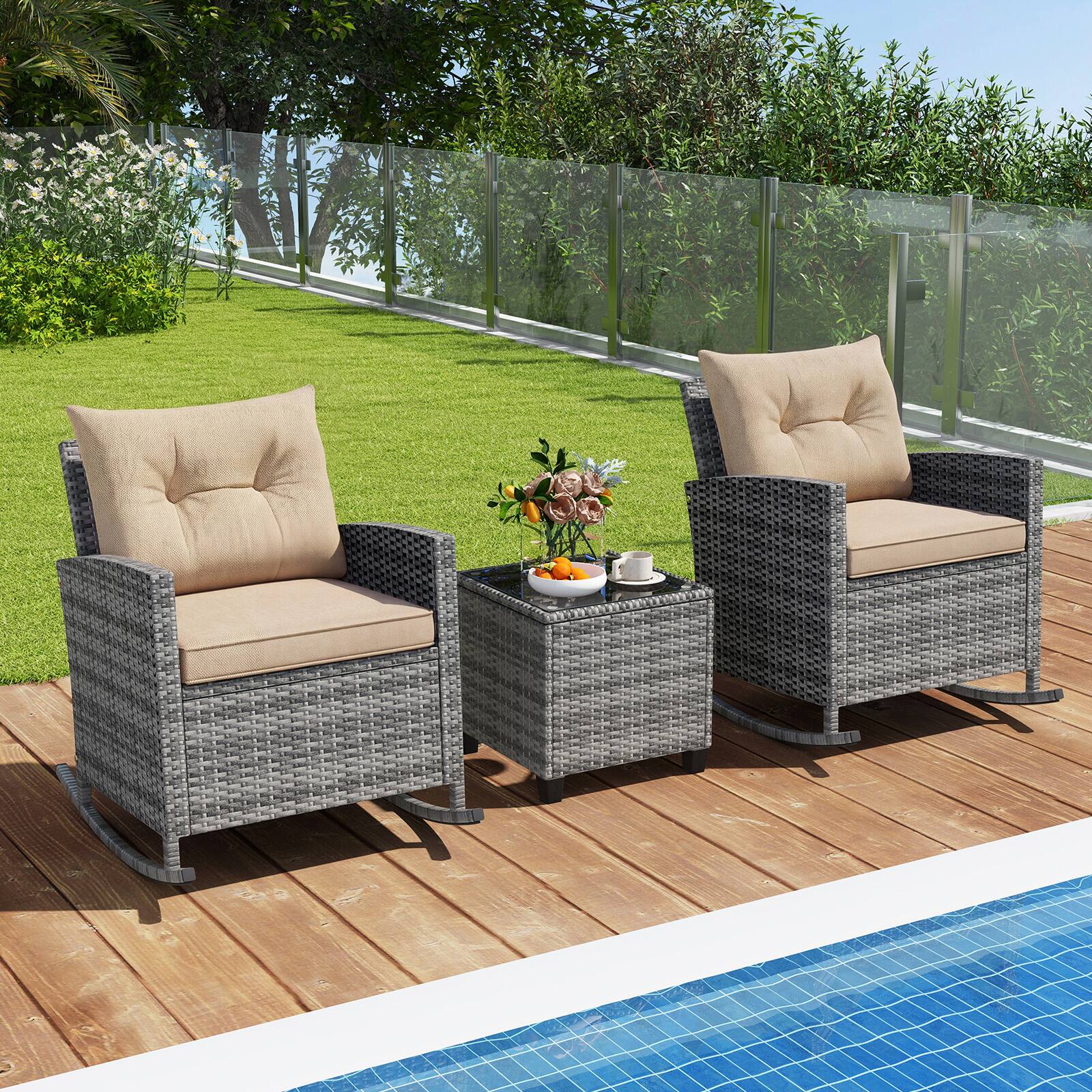Alt View 3. Costway - Costway 3 PCS Patio Wicker Rocking Set with Tempered Glass Table & Soft Cushions Outdoor - Gray.