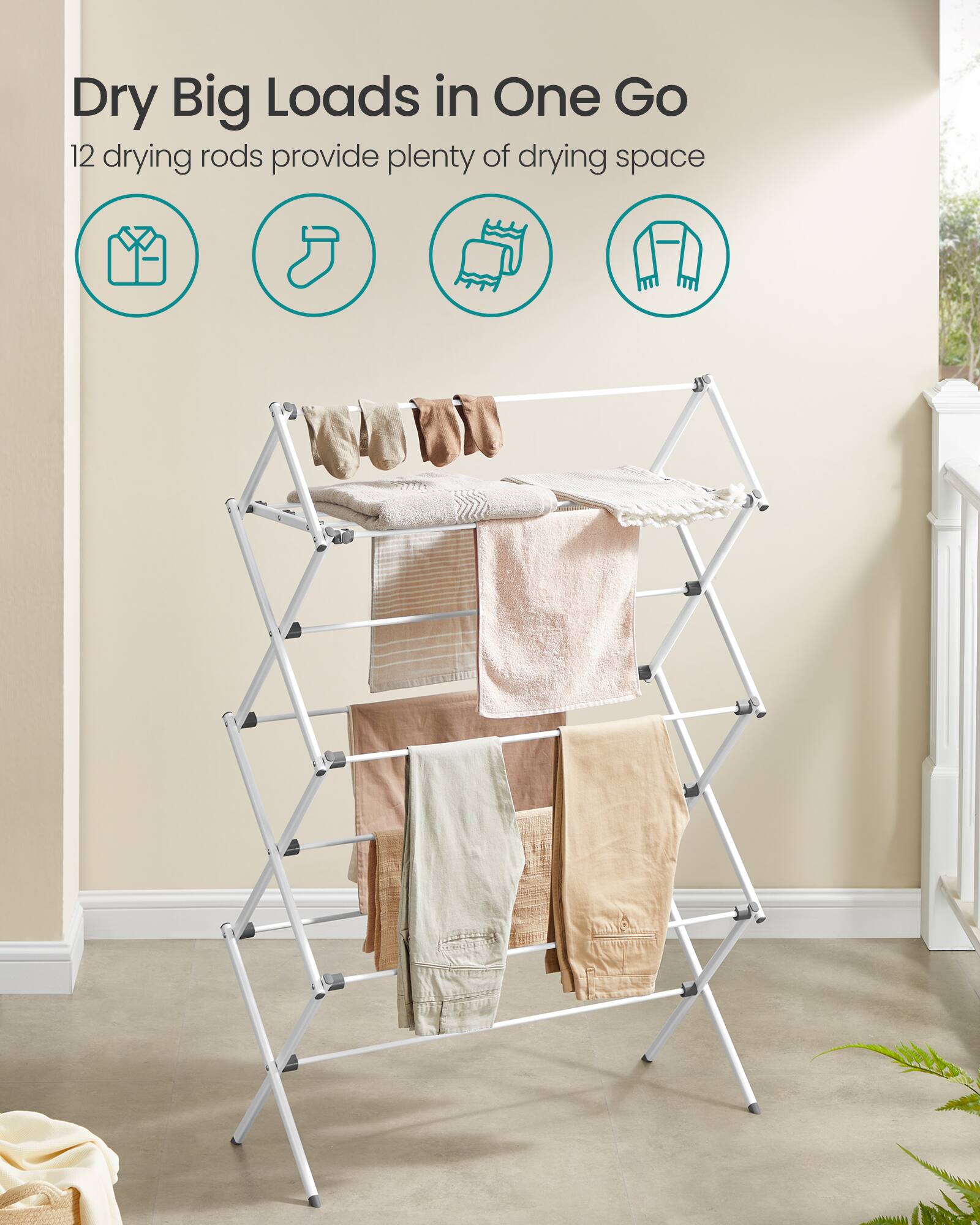 Dry Big Loads in One Go  
12 drying rods provide plenty of drying space