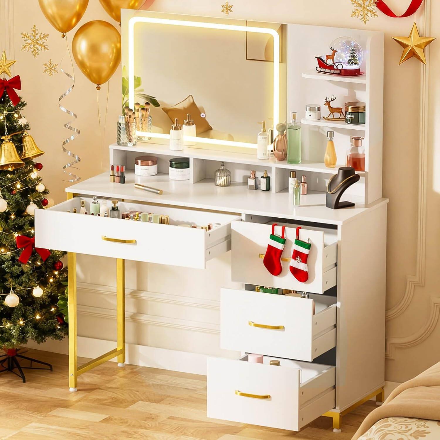 Front. CloudRest Pro - Vanity Desk with Mirror and Lights, Makeup Vanity Table with 4 Drawers & Storage Shelves - White.