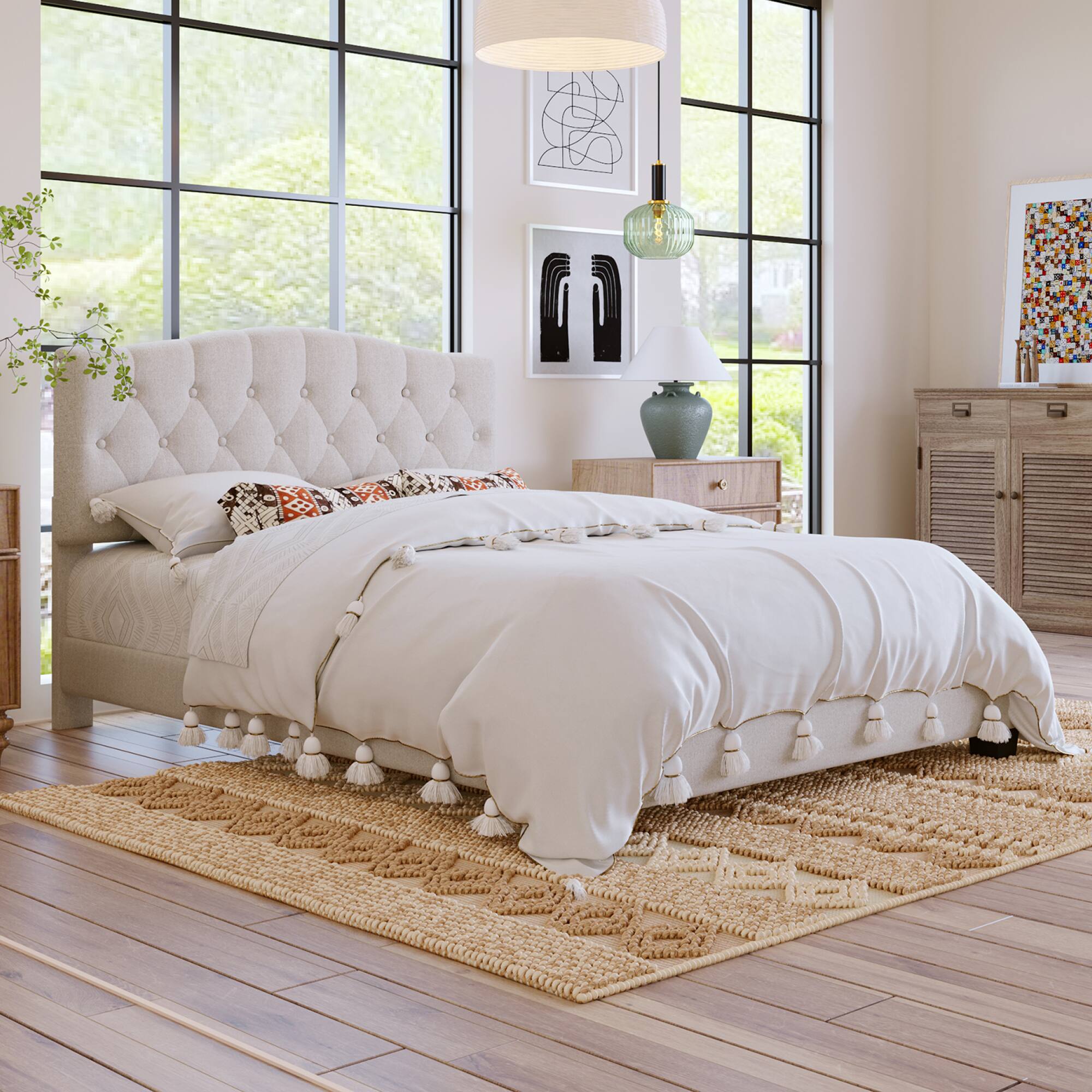 Angle. GOODSILO - Upholstered Platform Bed with Adjustable Headboard and Diamond Tufted Details, Wooden Slats and Metal Support - Beige.
