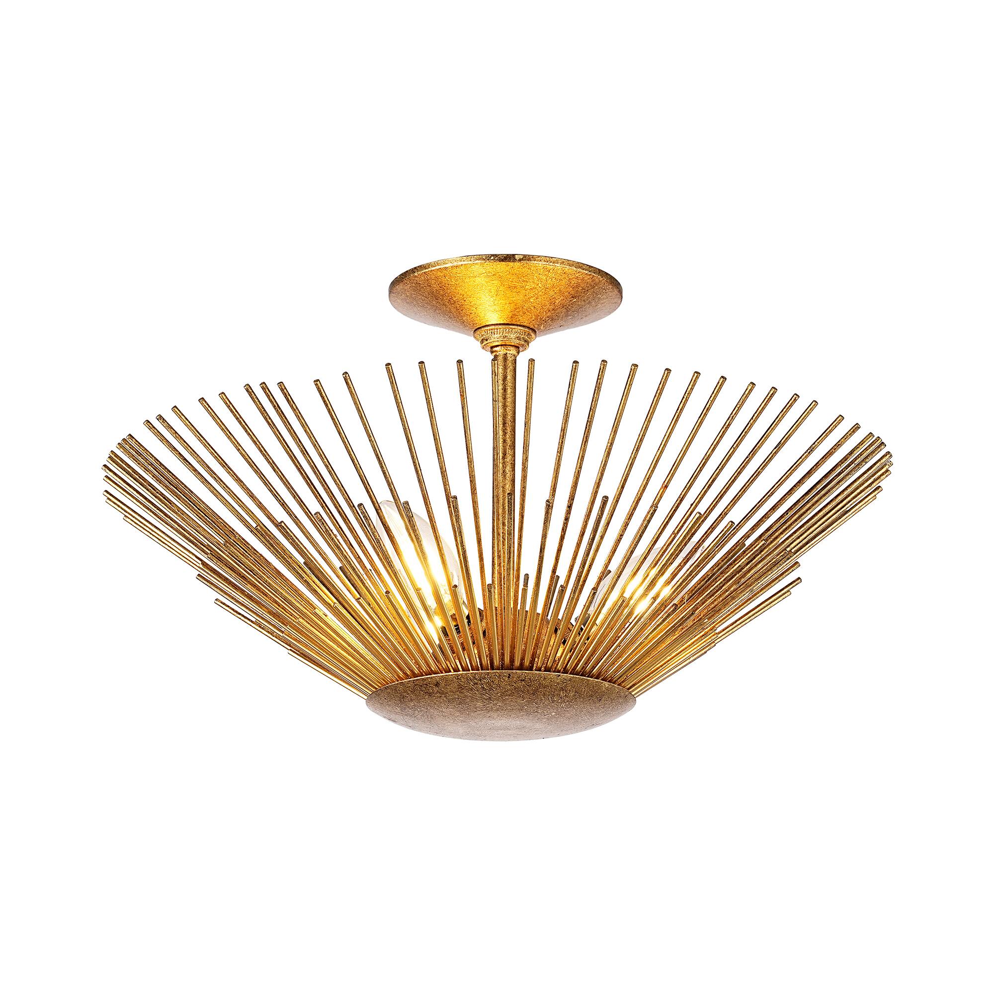 Alt View 1. Parrot Uncle - 17 Inch Mid Century Modern Sunburst 3 Light Semi Flush Mount Ceiling Light - Gold.