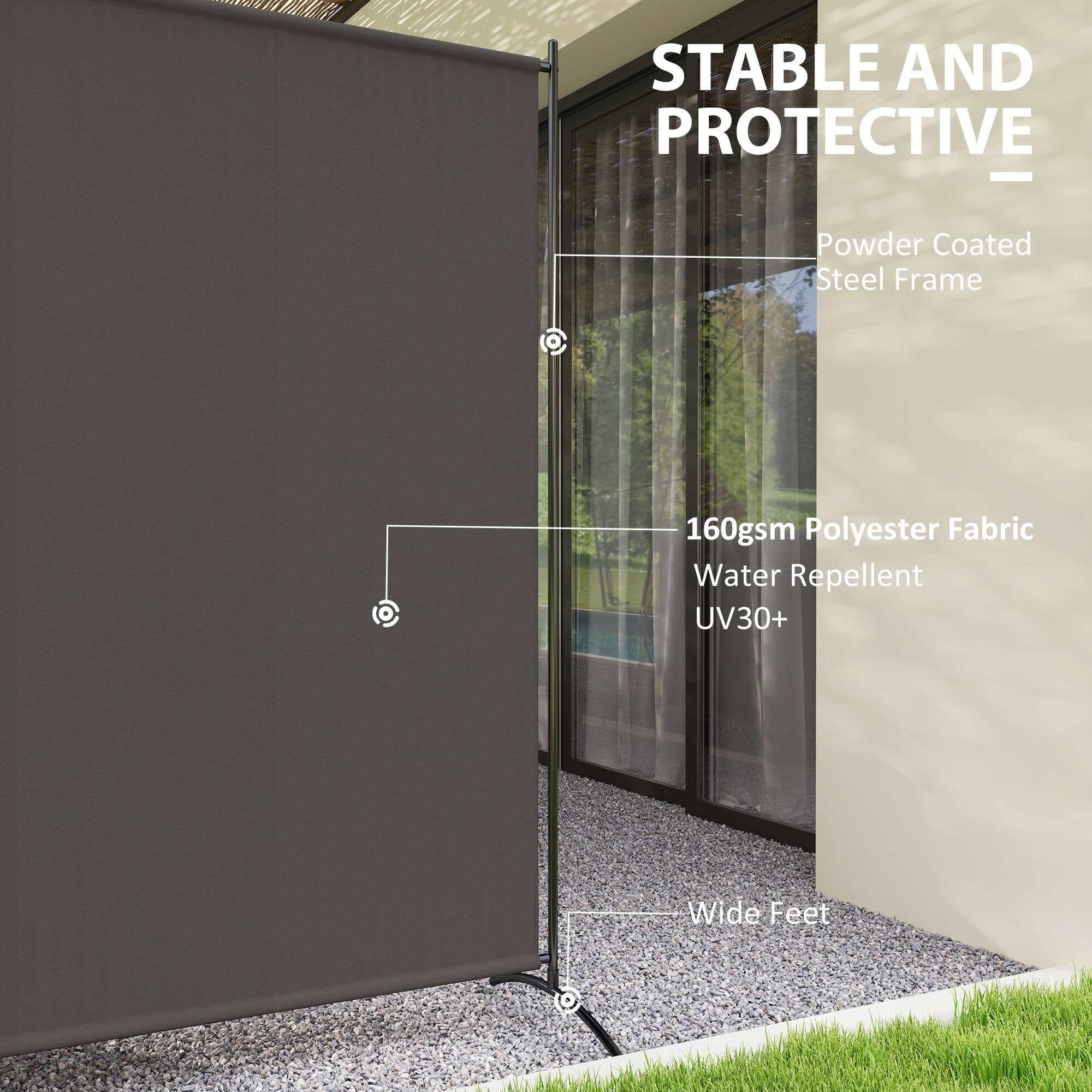 STABLE AND PROTECTIVE  
- Powder Coated Steel Frame  
- 160gsm Polyester Fabric  
- Water Repellent UV30+  
- Wide Feet