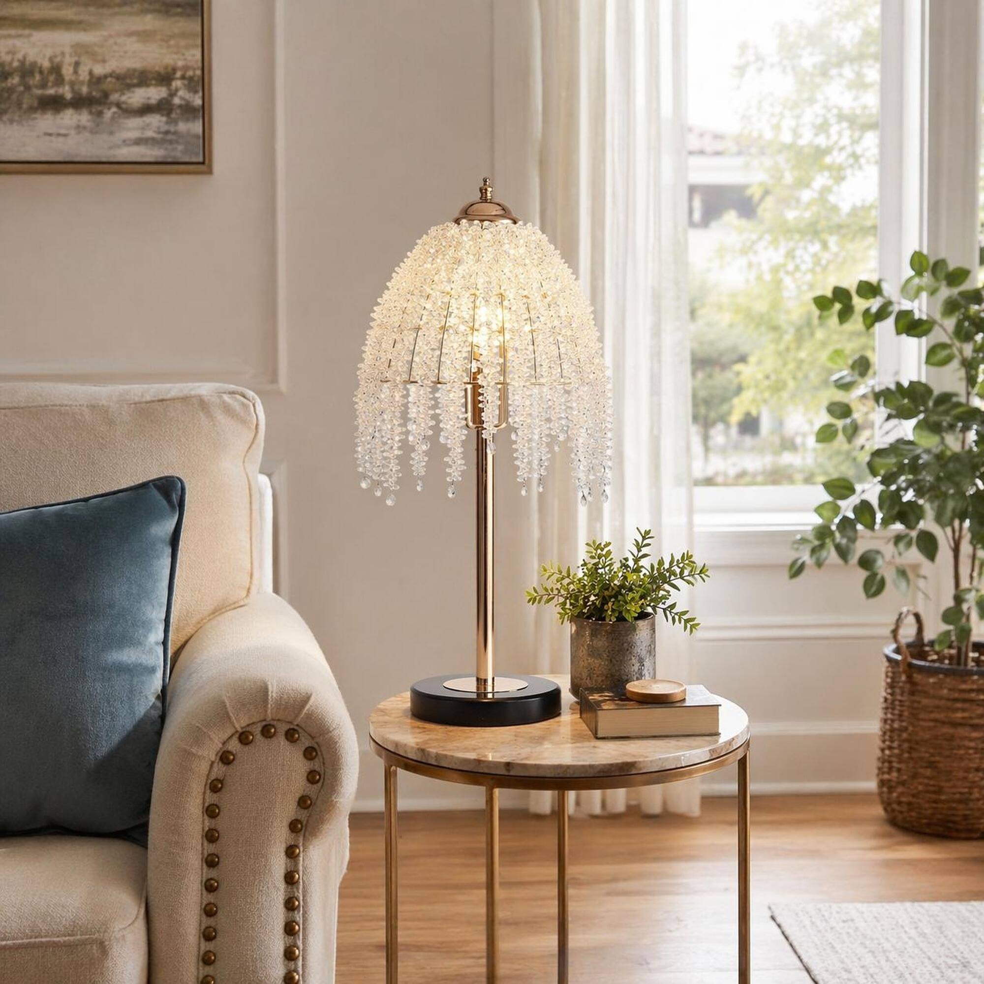 Angle. RYHNUYNE - 19-Inch Crystal Table Lamp with Cascading Bead Shade and Marble-Look Base – Vintage Glam for Living Room, Bedroom - Gold.
