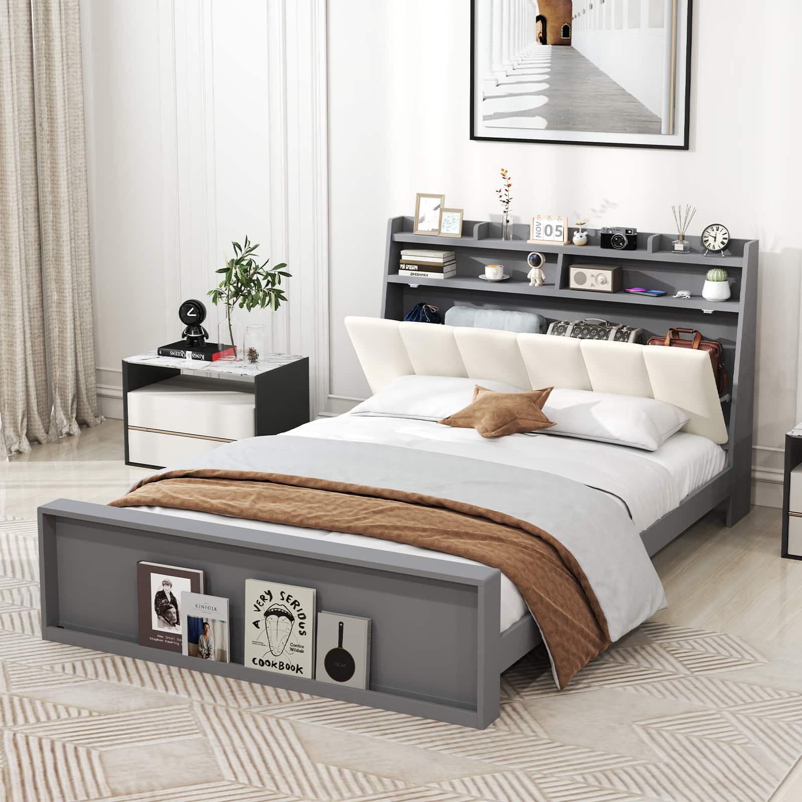 Gymax - Full Size Bed Frame w/ Storage Modern Platform Bed Mattress Foundation - Grey, Beige