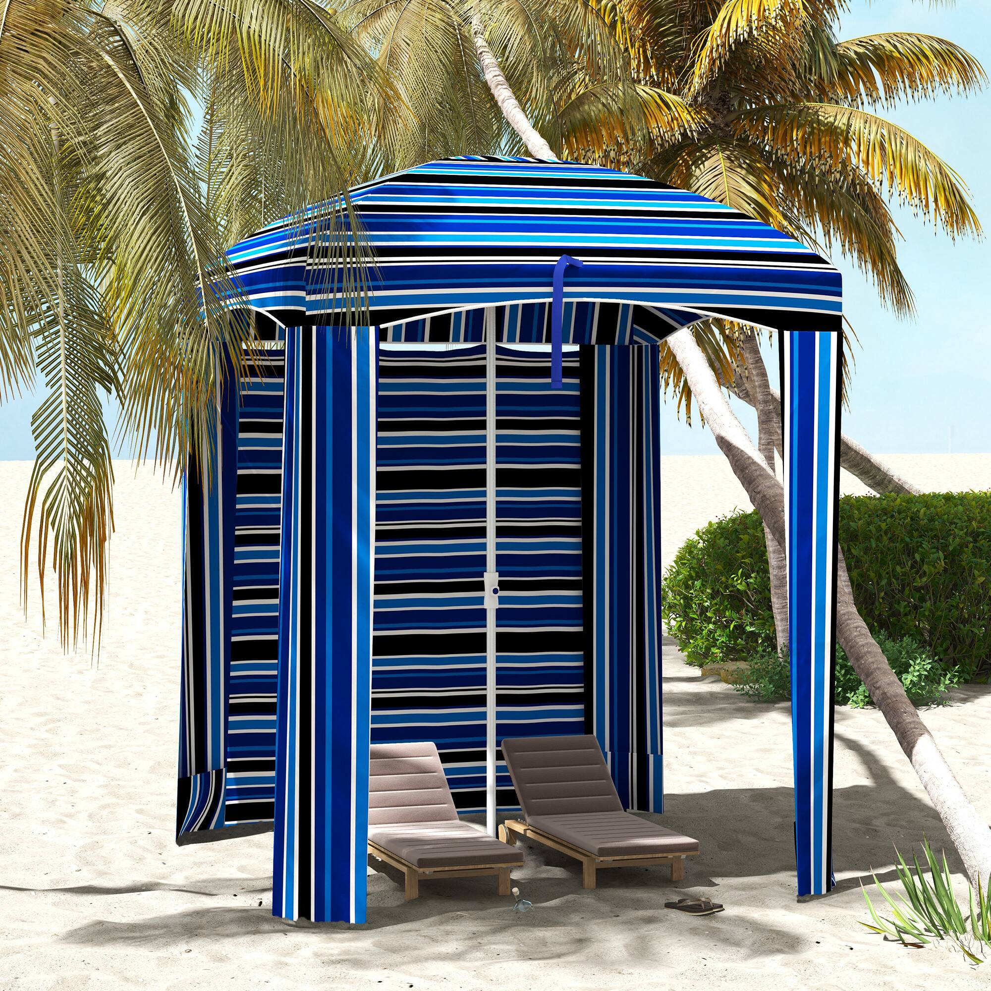 Alt View 1. Outsunny - x 5.8' Cabana Umbrella with Walls, Vents, Ruffles, Carry Bag, Beach Umbrella - Blue Strip.