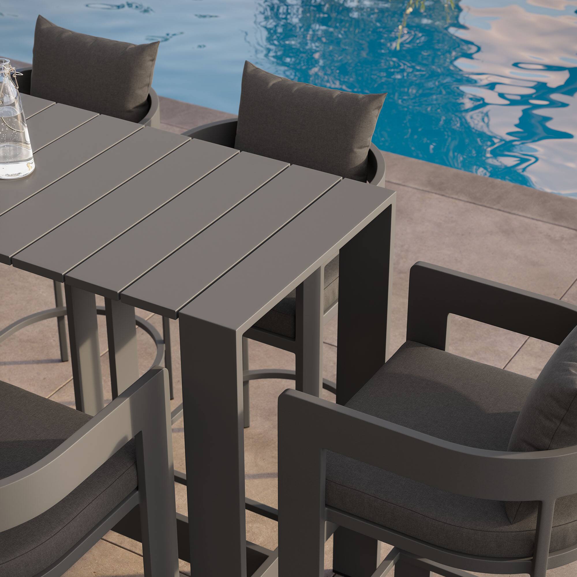 Alt View 4. Modway - Tahoe 5-Piece Outdoor Patio Bar Set - Aluminum Frame, Slatted Tabletop, Cushioned Bar Chairs - Charcoal.