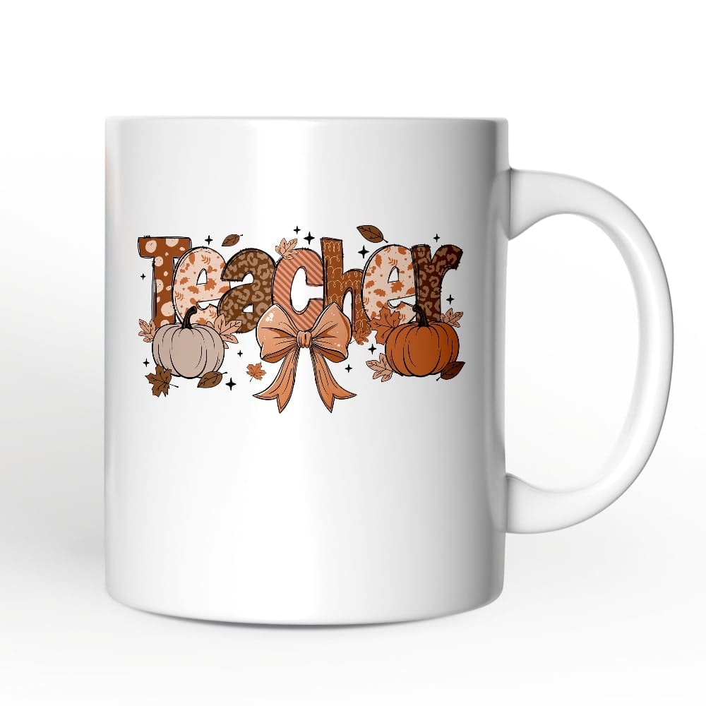 OrnamentallyYou - Teacher Coquette Autumn Mug, Cozy Fall Pumpkin Gift - White