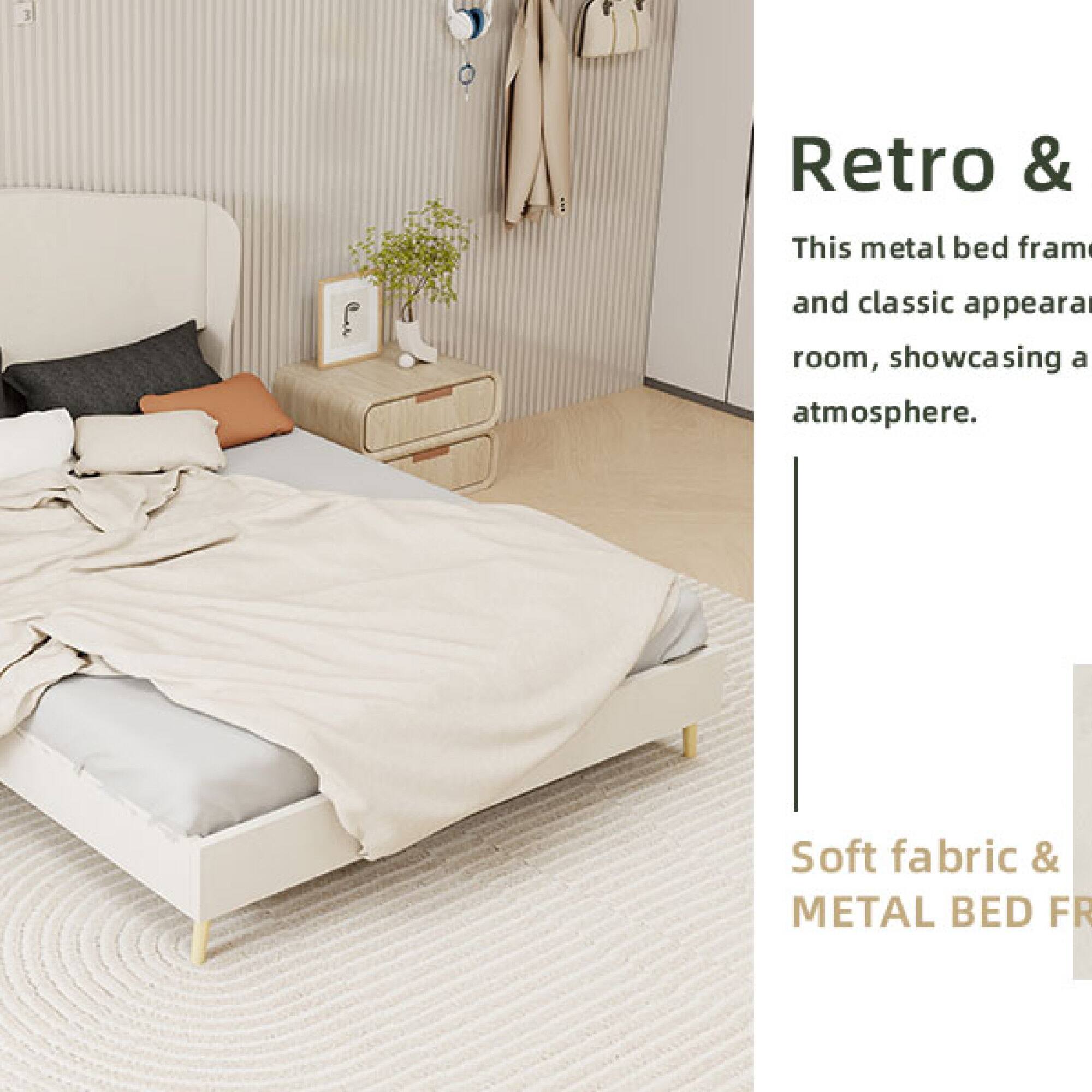 Retro & This metal bed frame has a soft fabric and classic appearance, showcasing a room with a cozy atmosphere.